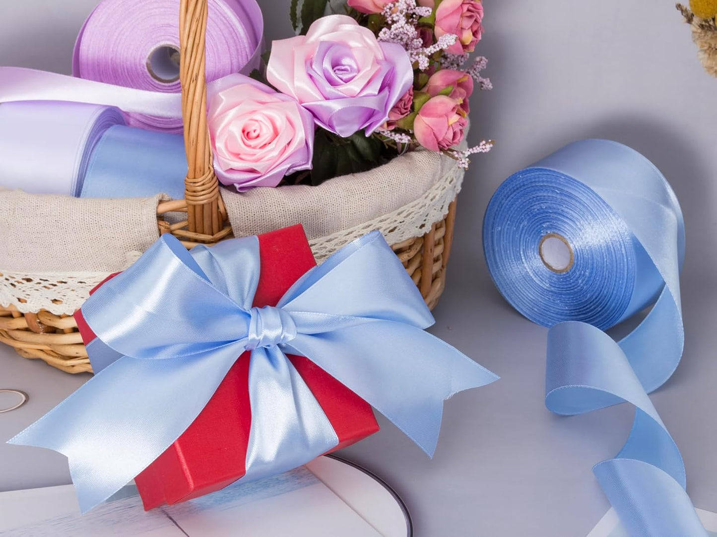 2 Inch Sky Blue Solid Satin Ribbon, 50 Yards Craft Fabric Ribbon for Gift Wrapping Floral Bouquets Wedding Party Decoration