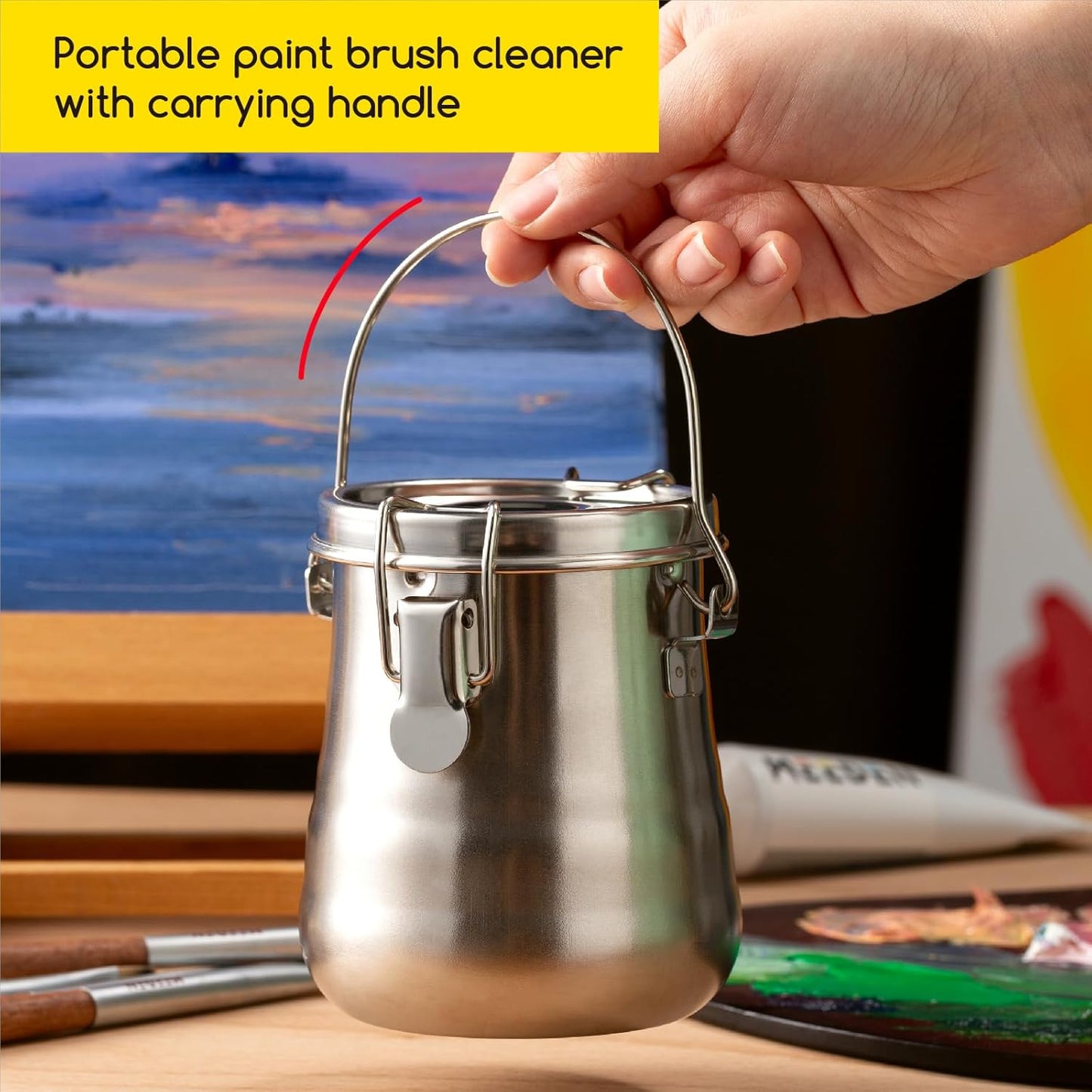MEEDEN Portable Paint Brush Washer: Airtight Stainless Steel Artist Brush Cleaner for Oil & Acrylic Painting - Medium