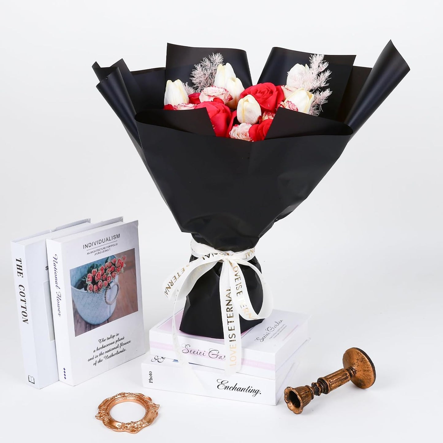 FUHITIM 20 Sheets Flower Wrapping Paper - Waterproof Floral Bouquet Packaging Paper for DIY Crafts,Florist Supplies Packaging Paper for Wedding Birthday Gift (Misty Black)