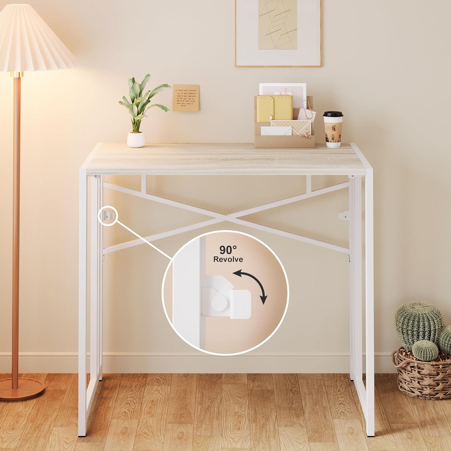 Small Folding Desk 35 inch, No Assembly Required Small Office Desk, Writing Gaming Computer Camping Table, Beige