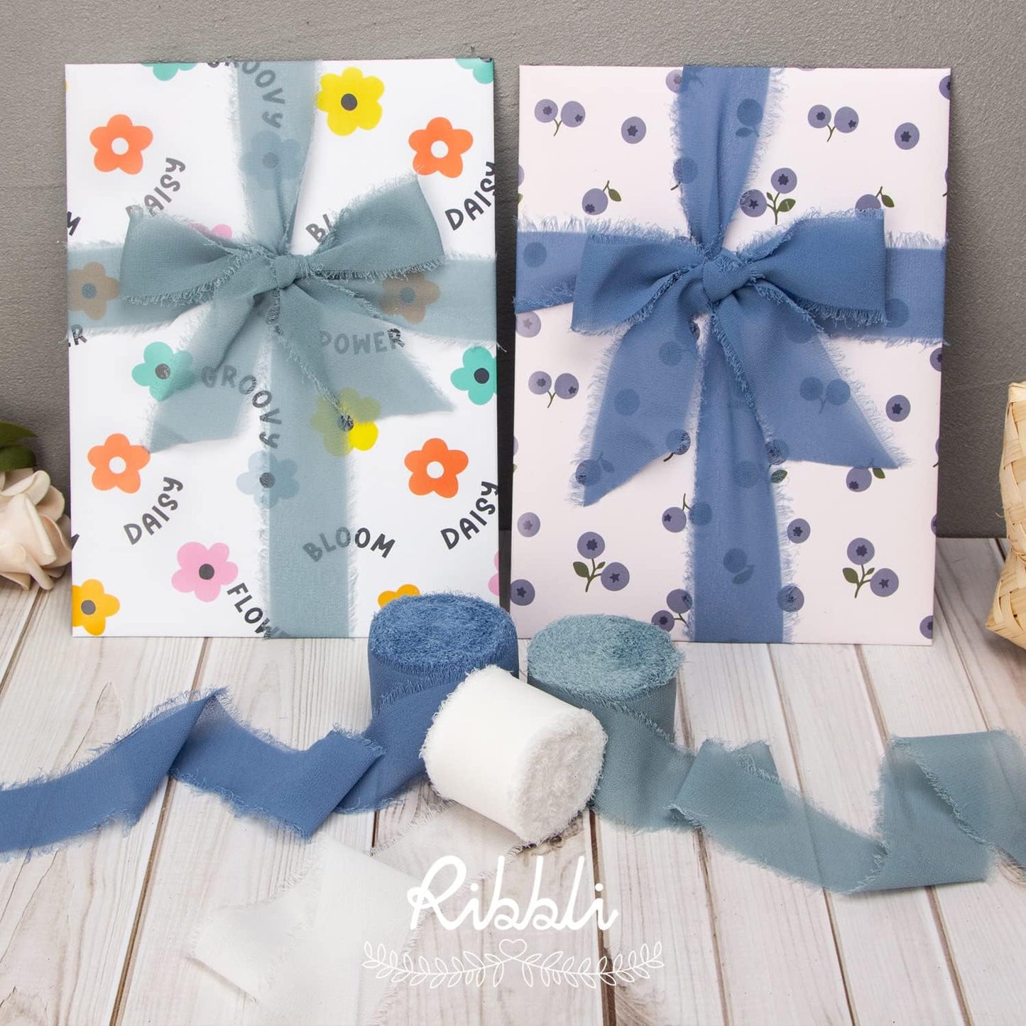 Ribbli Slate Blue Chiffon Ribbon 1-1/2 inch x 20 Yard Handmade Fringe Chiffon Silk Ribbon for Wedding Invitations, Bridal Bouquets Wrapping, Flower Arrangement Decoration