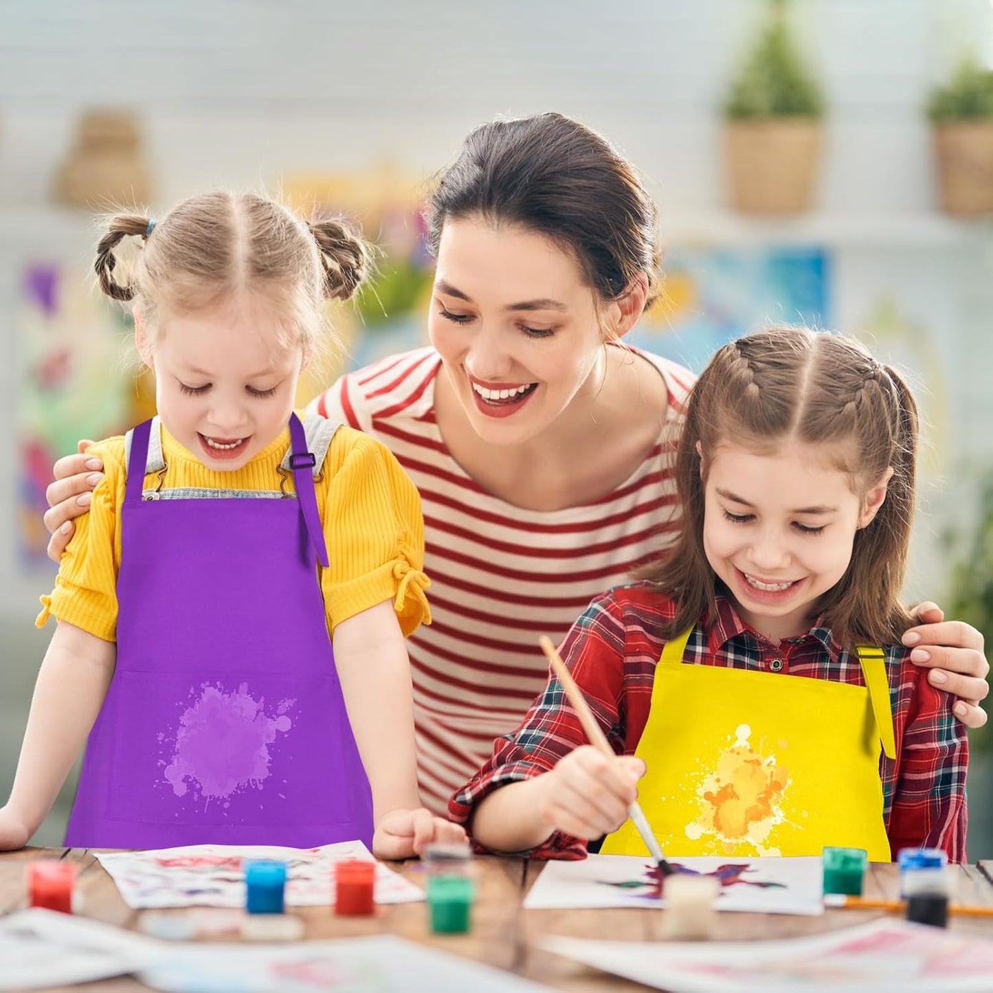 12 Pack Kids Apron bulk with 2 Pockets Adjustable Chef Art Apron Kids Painting Aprons for Cooking Baking Painting Crafting Grilling Activity(12 Color)