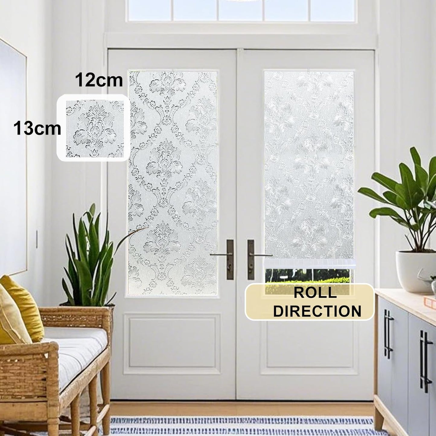 Window Privacy Film Decorative for Front Door, Bathroom Static Cling Stained Glass Sticker Opaque Heat Control UV Blocking Non-Adhesive for Home Windows 23.6y x 78.7 inches Damask