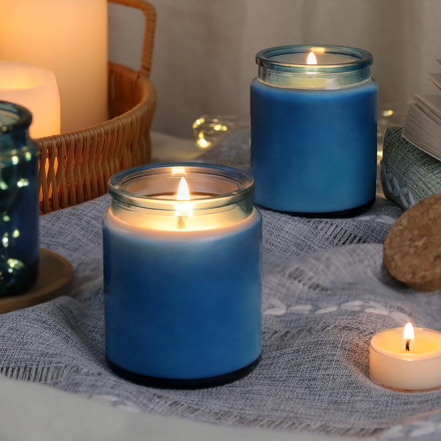 12Pcs Blue Candle Jars for Making Candles, 7.5oz Glass Jars with Wooden Lids and Labels, Candle Containers for DIY, Gifts, Candle Making Supplies, Table Decor