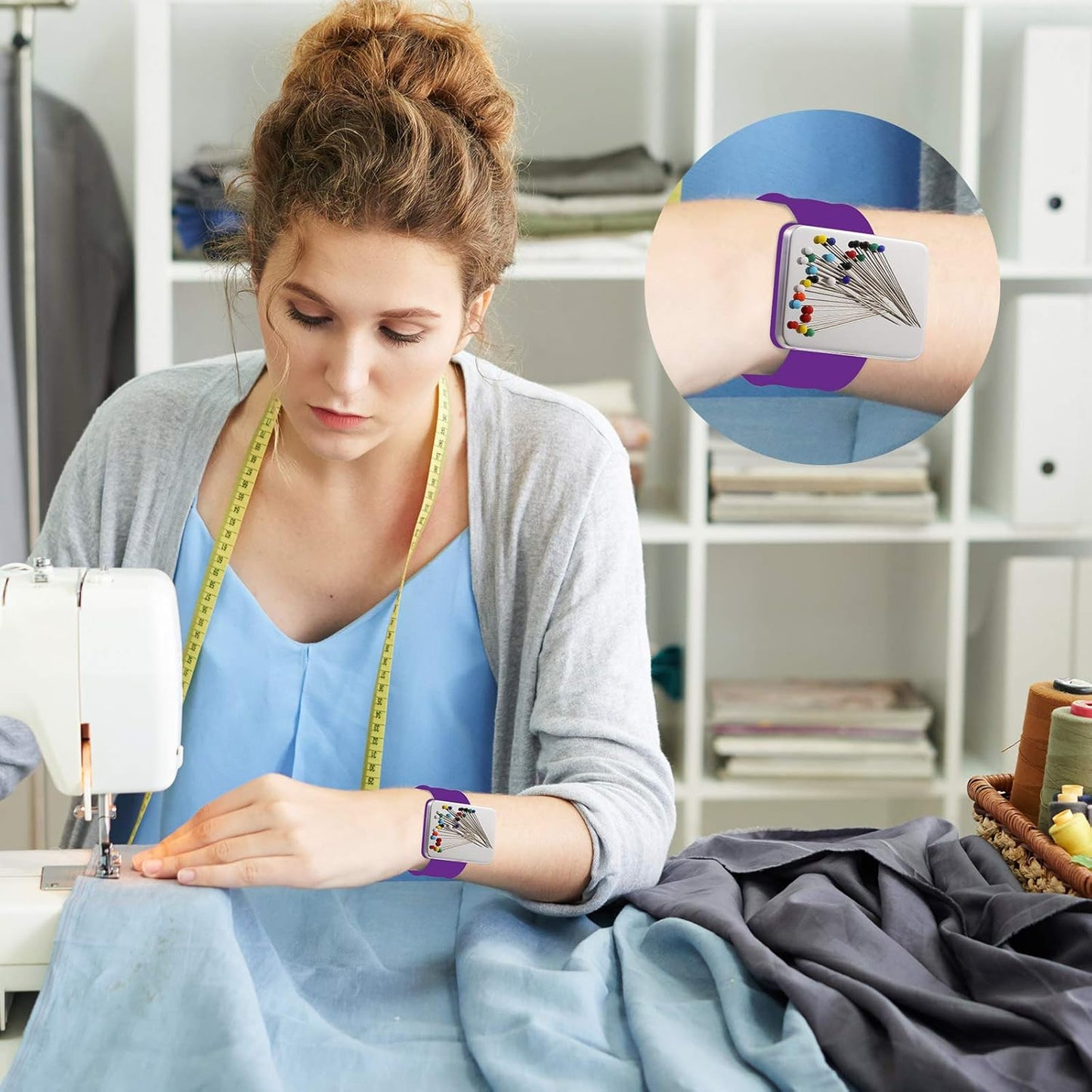 Magnetic Wrist Sewing Pincushion with 100 Pieces 1.5 Inch Ball Head Sewing Pins Set Wrist Magnetic Pin Holder Gift Supplies(Purple)