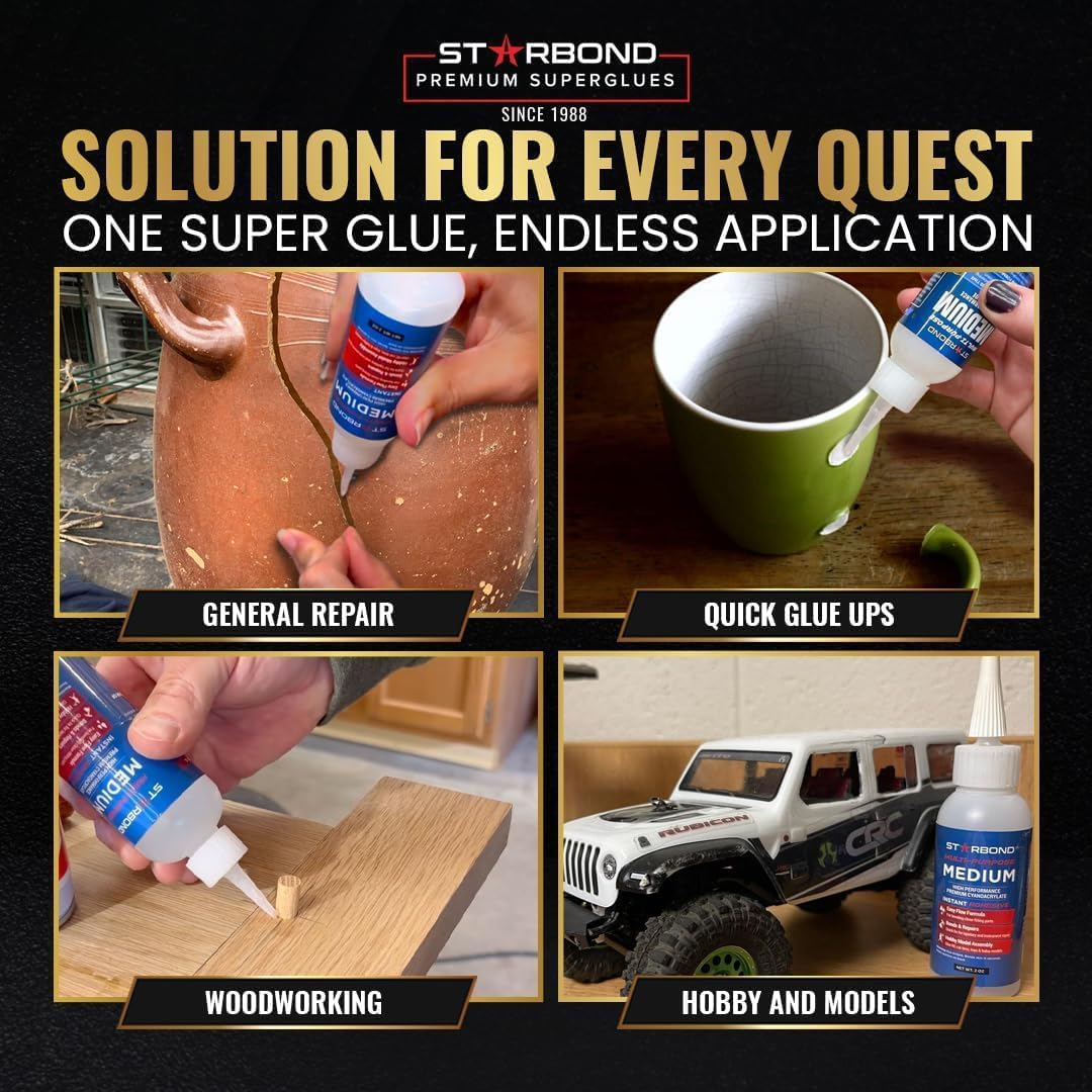 Starbond 4 oz Medium CA Glue with 6 oz Activator Bundle, Premium Cyanoacrylate Super Glue, for Quick Repair, Woodworking, Woodturning, Hobby Models