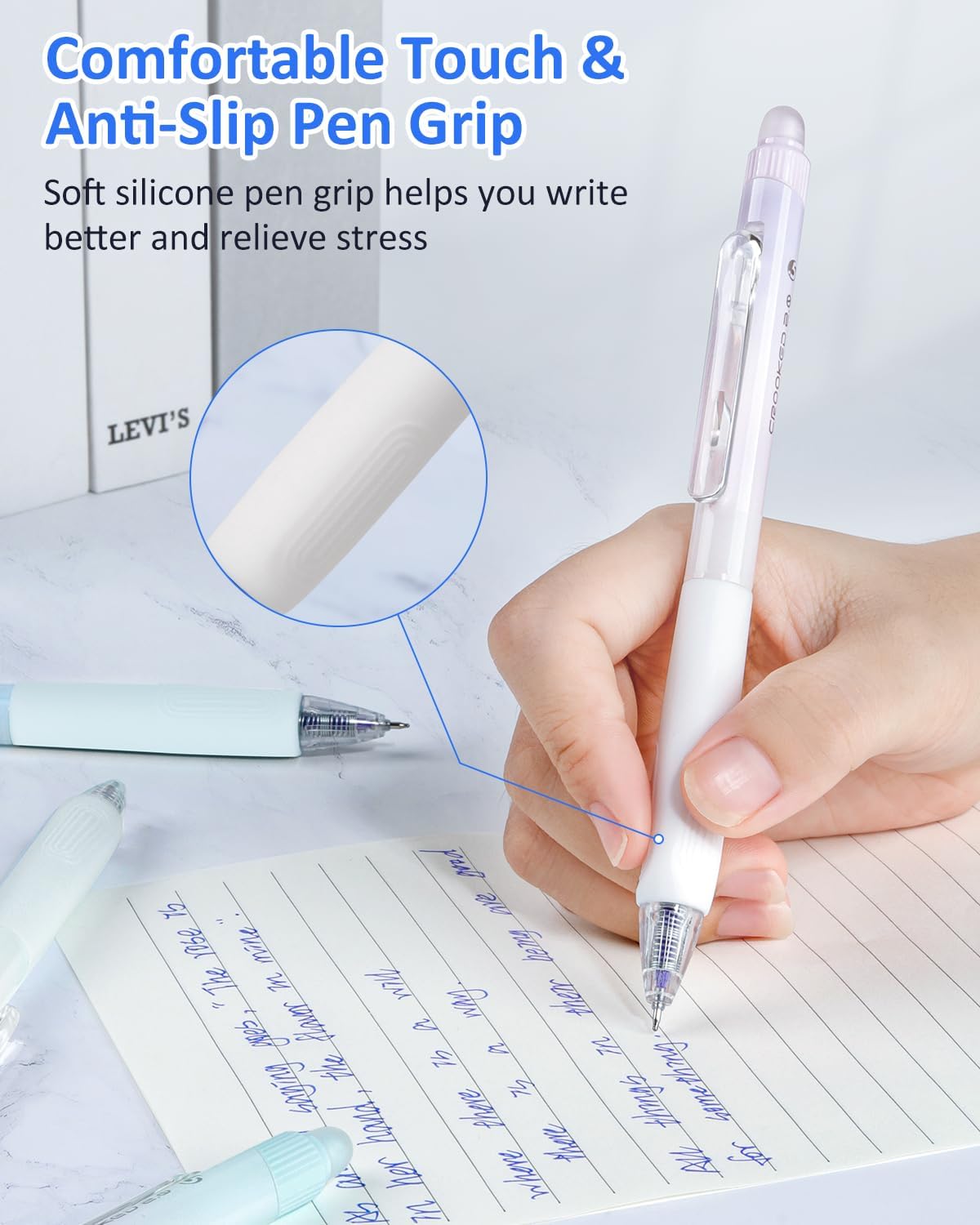 Solati Erasable Pens, 6 Pack Fine Point 0.5mm Black Erasable Gel Pens with 360°Rotating Erasers, Make Mistakes Disappear, Comfort Grip for Drawing, Writing, Planning, and Crossword Puzzles (Blue Ink)