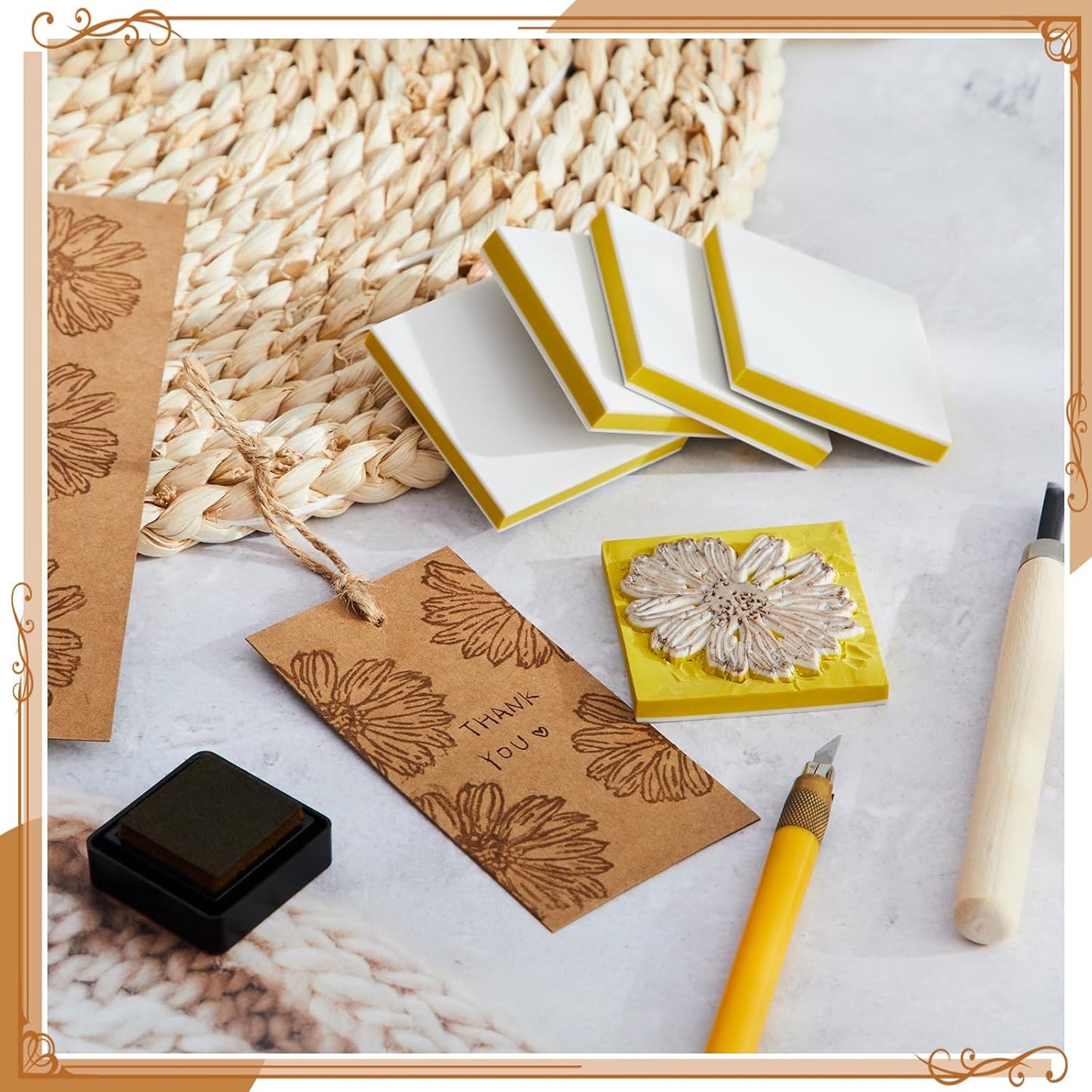 Frienda 24 Pcs 2" x 2" Rubber Carving Blocks Linoleum Blocks for Printmaking, Stamp Making, DIY Crafting, Scrapbook, Painting, Soft and Easy to Carve (White Yellow)