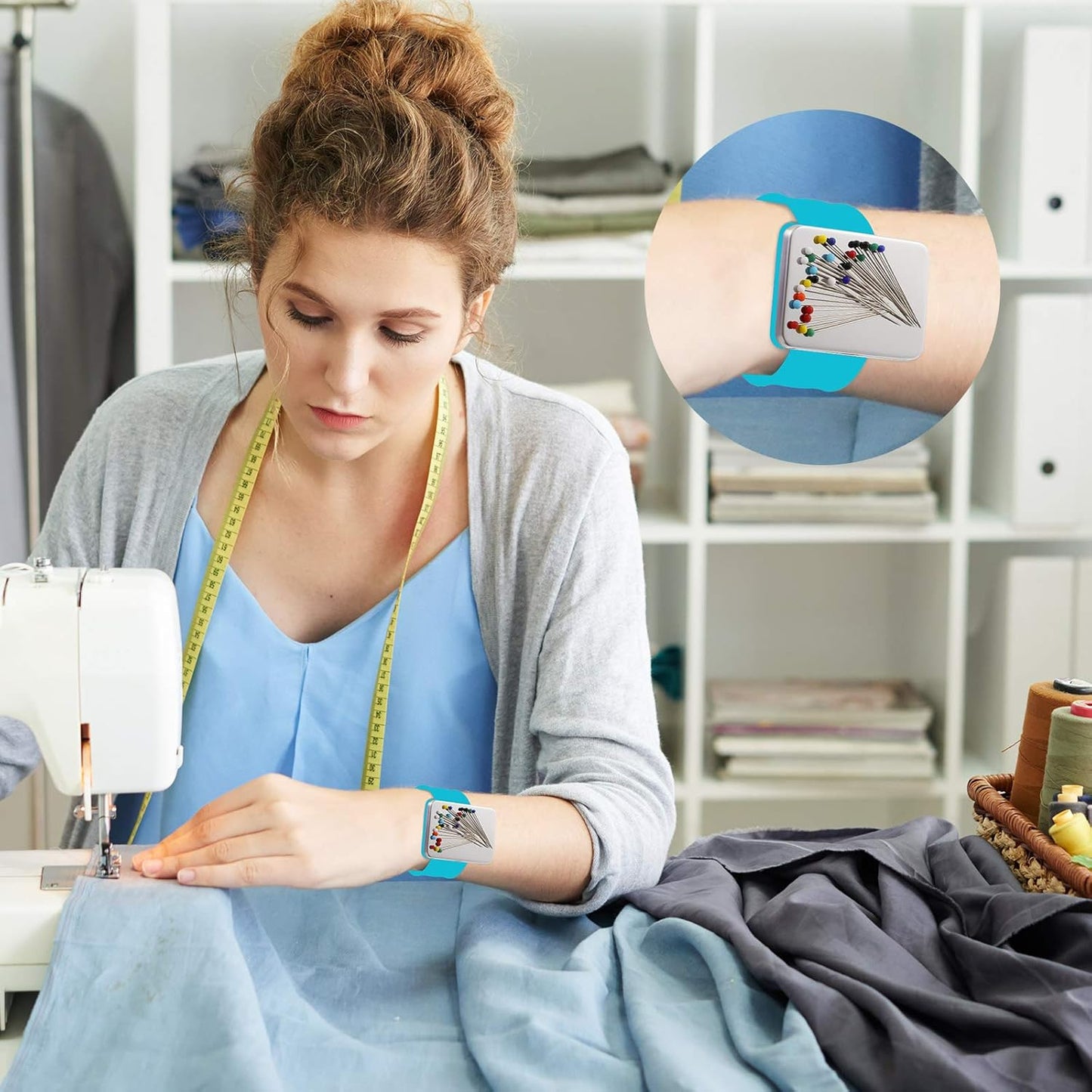 Magnetic Wrist Sewing Pincushion with 100 Pieces 1.5 Inch Ball Head Sewing Pins Set Wrist Magnetic Pin Holder Gift Supplies(Blue)