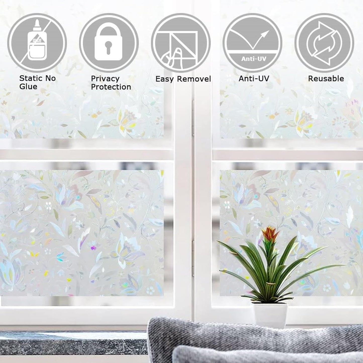 LEMON CLOUD Window Film, Decorative Window Privacy Film, 3D Stained Glass Window Sticker,Anti-UV Sun Blocker Heat Control for Home(Rainbow Tulip Design,23.6 x 78.7 inches)