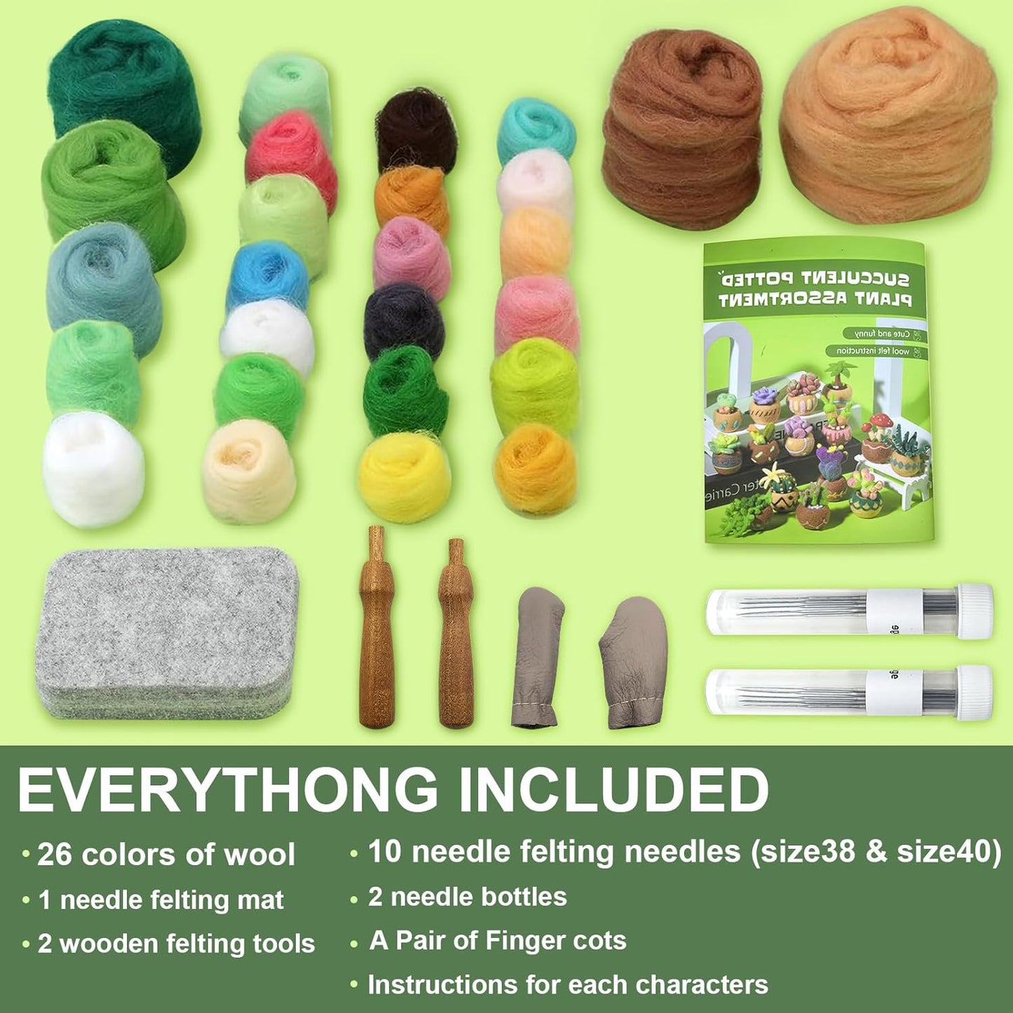 Jevuoyee 15pcs Succulent Needle Felting Kit for Beginners Adult - DIY Starter Kit with Wool Roving, Felting Mat, Needles, Instructions for Home Decoration Crafts