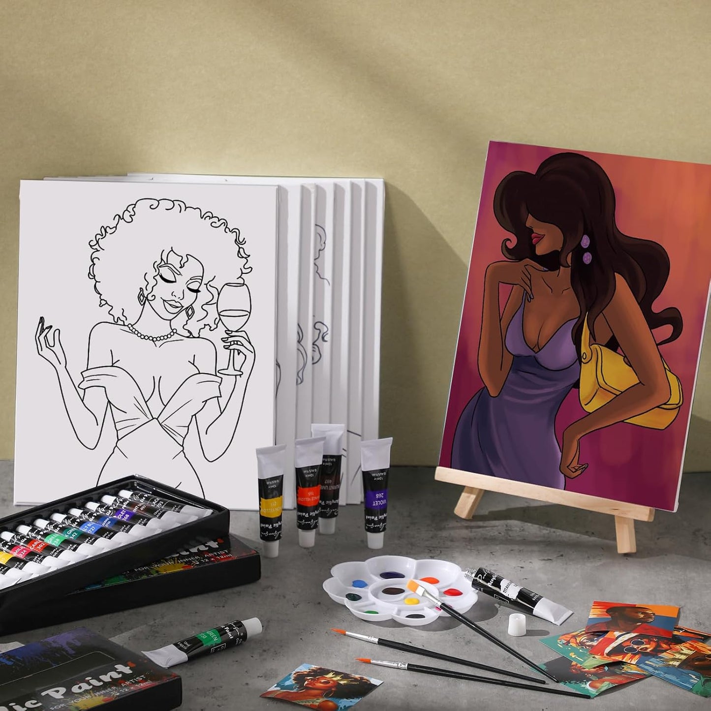 Cholemy 36 Pcs Paint and Sip Kit for Adults 8''x10'' Pre Drawn Canvas for Painting DIY Afro Acrylic Painting Kit Wood Easel Brushes Date Night Bulk for Christmas Party Gifts(Charming Lady)