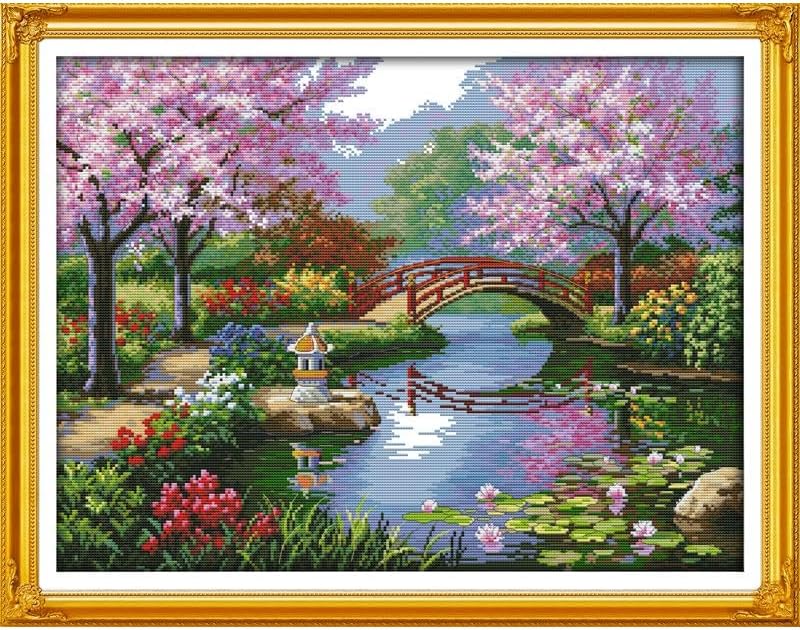 Stitchmelody 14CT Counted Cross Stitch Kits,DMC Unprinted Pattern Embroidery Set Needlework (11CT Counted/Unprinted kit,The Beautiful Scenery of Park)