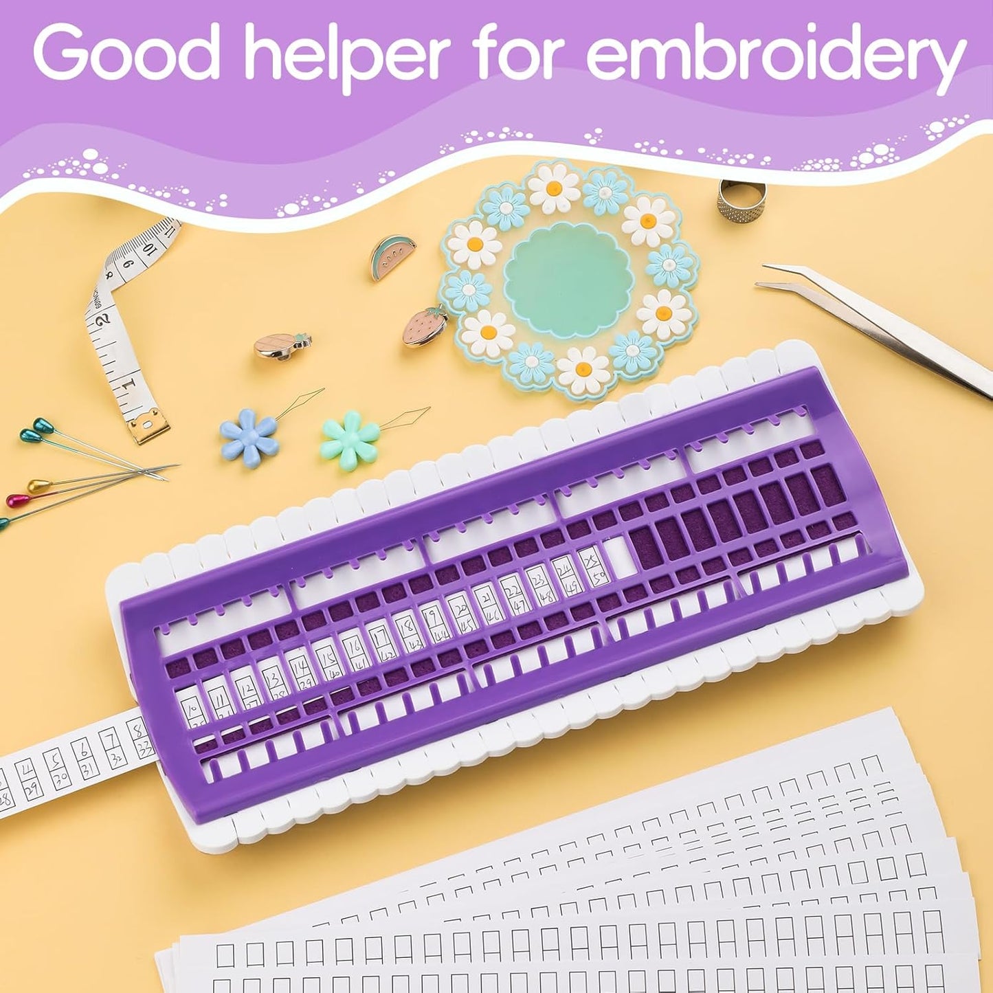 Lokunn Floss Organizer Embroidery, 50 Positions, Thread Organizers for Sewing and Cross Stitch Embroidery Thread, Plastic & Non-Woven Fabric, Purple, Comes with 15 Sticky Notes