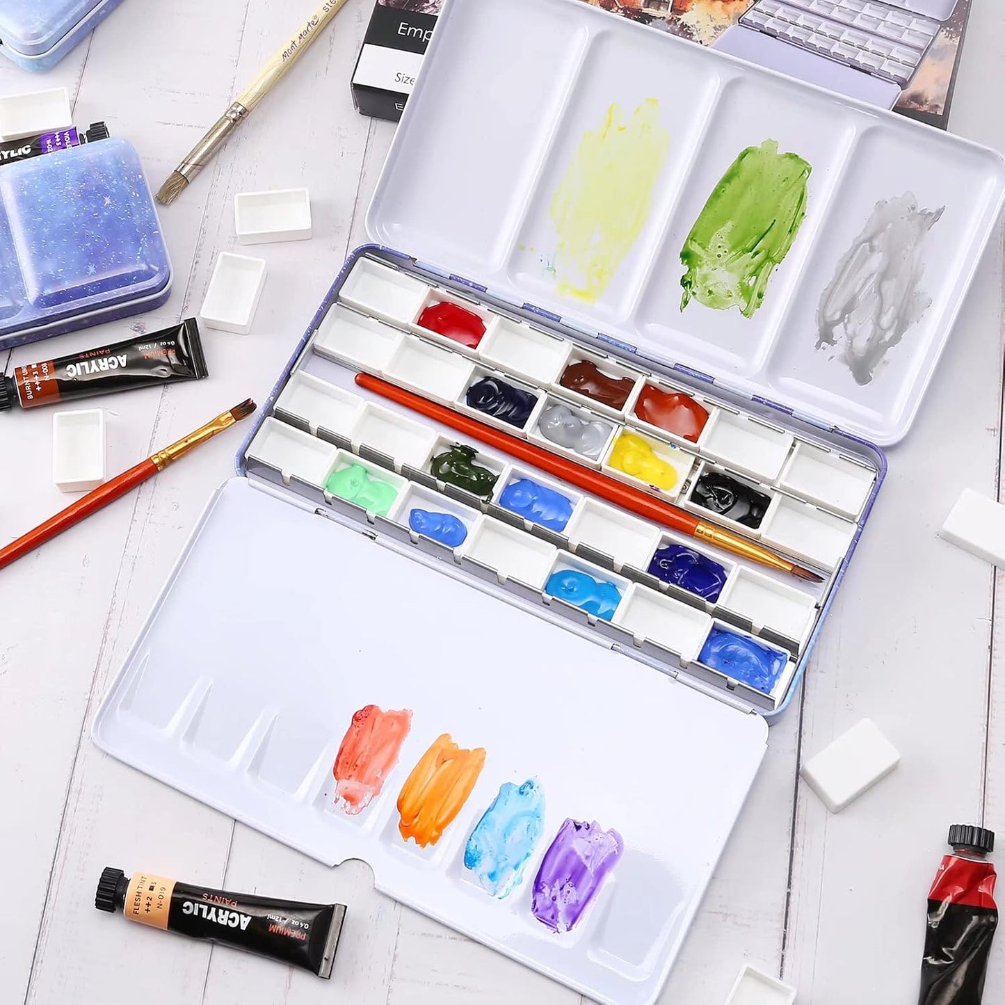 LOONENG Empty Watercolor Palette, Empty Watercolor Tin with Fold Out Palette, Large Purple Watercolor Tray Palette with 28 Empty Full Pans for Plein Air Painting and Sketching