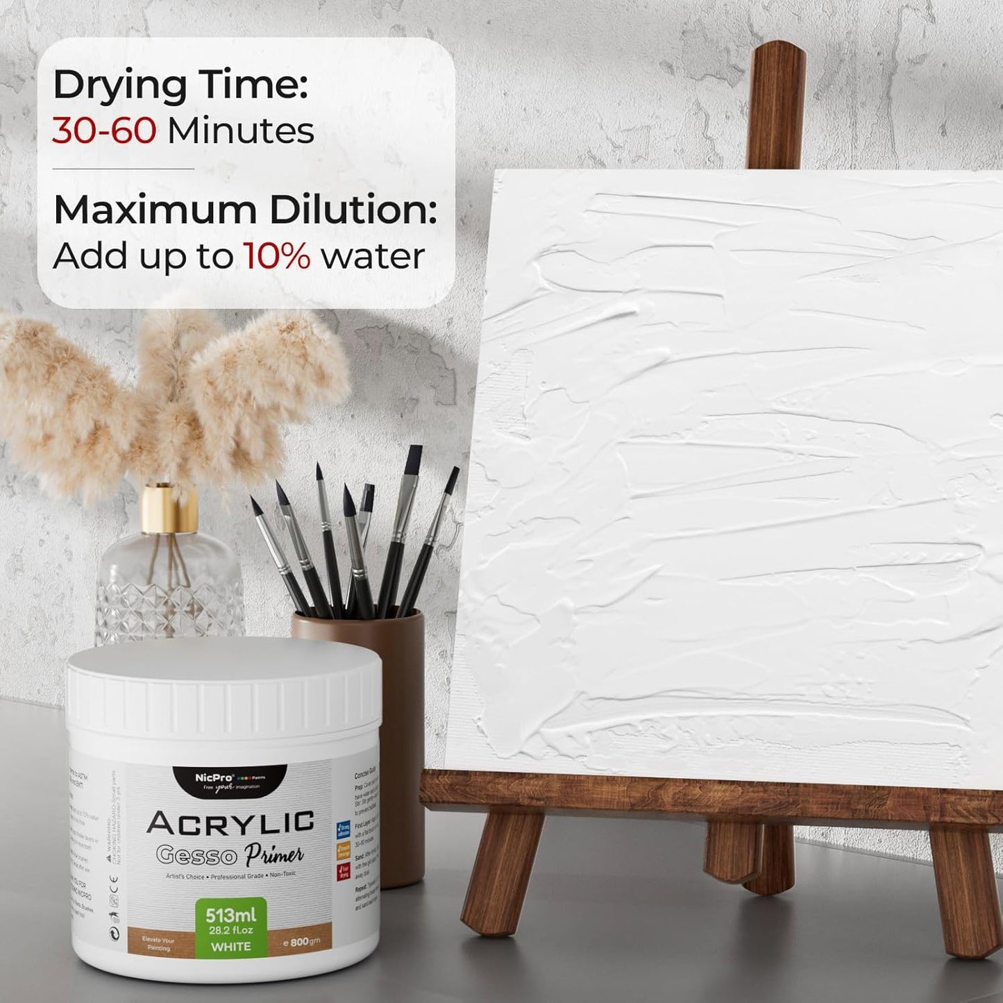 Nicpro White Gesso Primer for Acrylic Painting(28.2 Oz / 513ML), Excellent Coverage, Gesso Surface Prep Medium for Acrylic Paint & Oil Paint, Heavy Gesso Primer for Canvas, Wood, Paper, Plastic