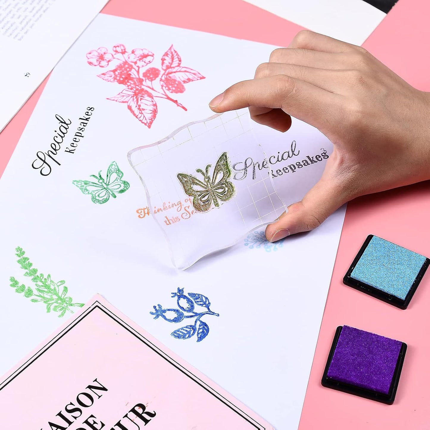 7 Pieces Clear Stamp Blocks, driew Clear Acrylic Stamping Blocks Tools Set with Grid and Grip Decorative Stamp Blocks for Scrapbooking Crafts, Cards, Schedule Book