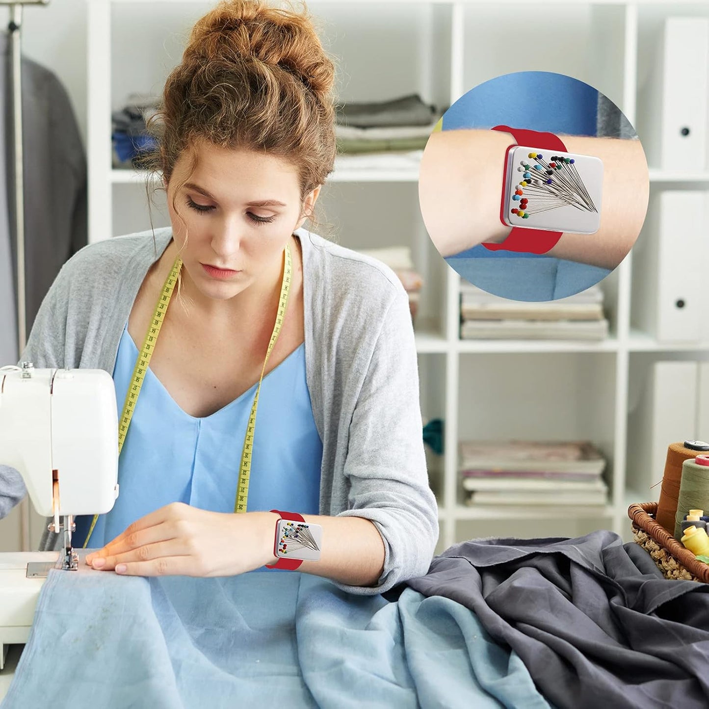 Magnetic Wrist Sewing Pincushion with 100 Pieces 1.5 Inch Ball Head Sewing Pins Set Wrist Magnetic Pin Holder Gift Supplies(Red)