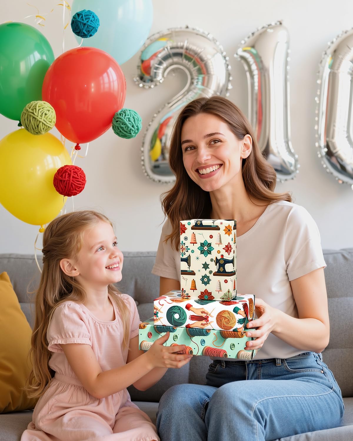 Pineraap 12 Sheets Sewing Theme Wrapping Paper, Vintage Sewing Machine, Button, Yarn Printed Gift Wrap Folded Flat Craft Paper for Sewing Lovers, Seamstress, Women, Mom, Grandma, 19.7 x 27.6 Inch