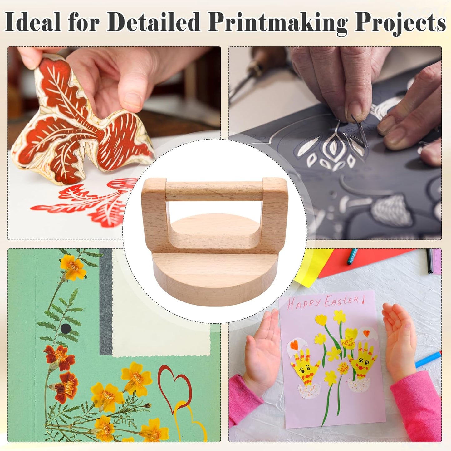 Coitak 1+1 Pcs Wooden Block Printing Baren with Rubber Brayer Roller, Block Printing Press Kit for Crafting, Printing, Inking, Stamping, Linocut