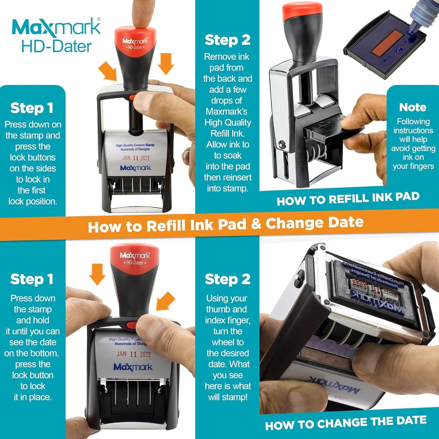 MaxMark Heavy Duty Self Inking Date Stamp with Phrase Scanned - 2 Color Blue/Red Ink