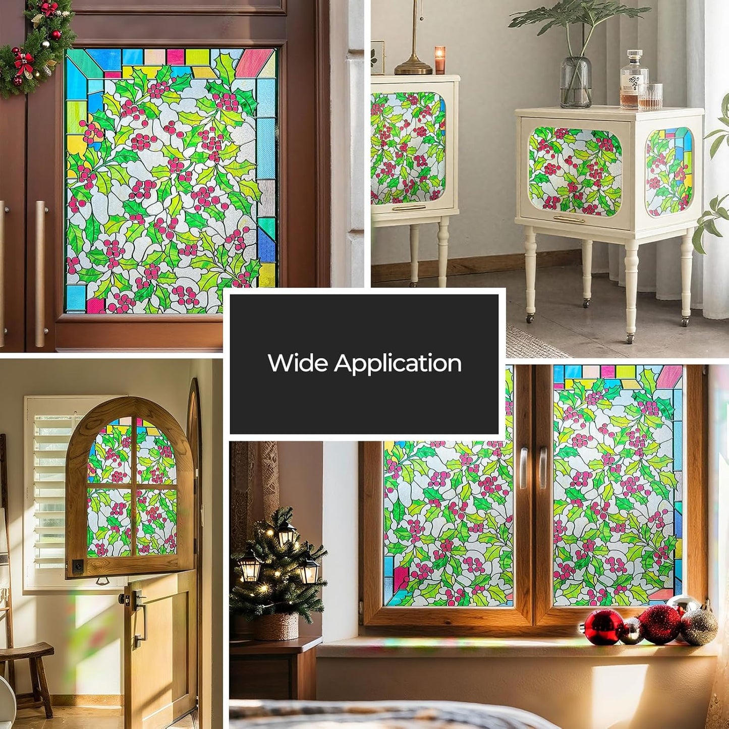 3D Stained Glass Window Film, Decorative Window Privacy Film for Bathroom,Front Door,Home, Sun Blocking Heat Control,Static Cling,23.6inch x 35.4inch Holly