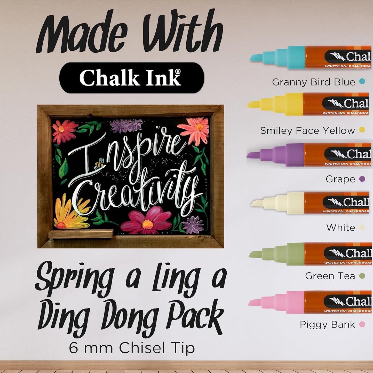 Chalk Ink Chisel Tip Wet Wipe Chalk Markers (6mm, Spring-a-Ling-a-Ding-Dong, 6 Pack)