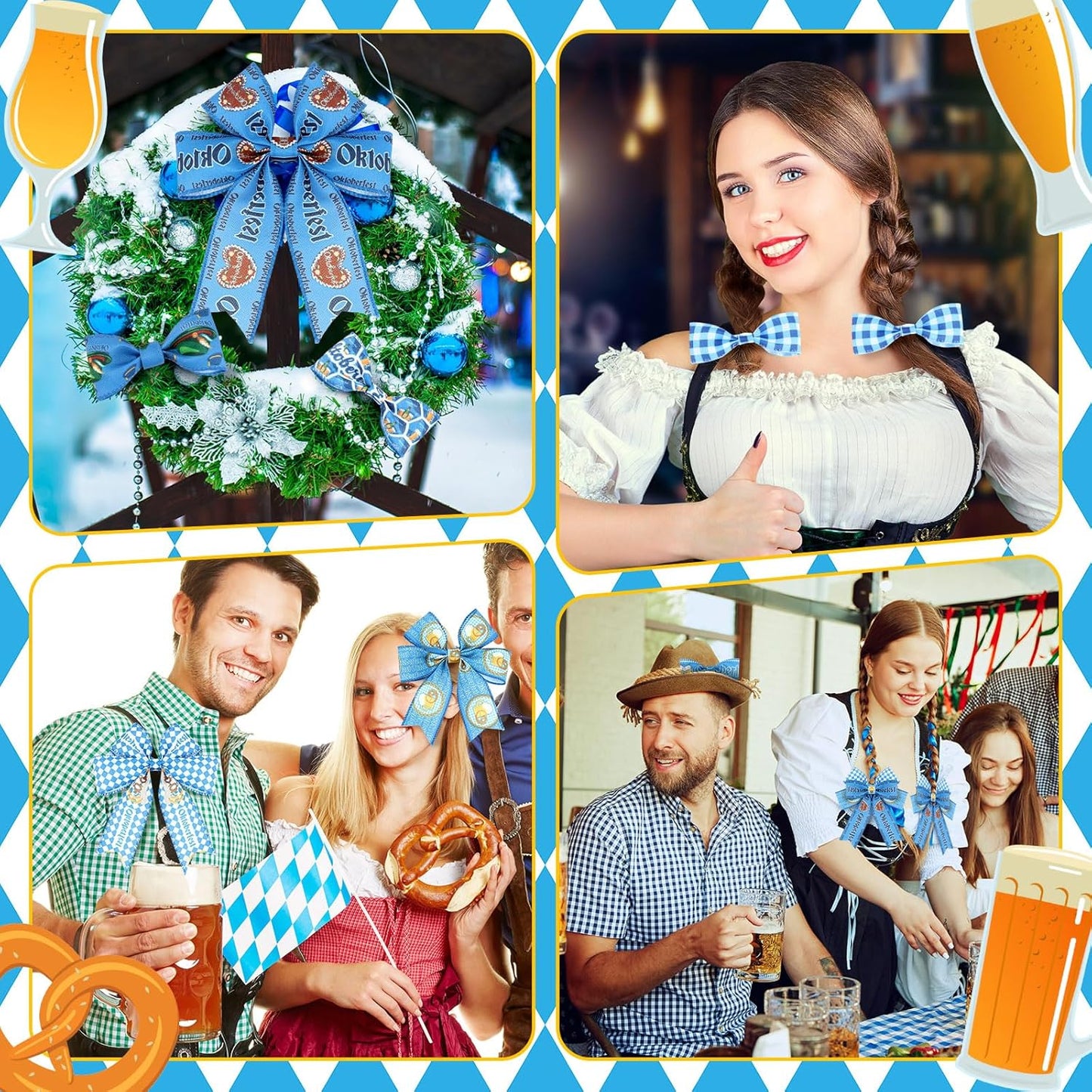 12 Rolls Oktoberfest Wired Edge Ribbon for Wreaths 2.5 Inch x 30 Yards Blue and White Print Grosgrain Ribbon Bavarian German Beer Crafts for Oktoberfest Party Decorative Supplies, 12 Styles