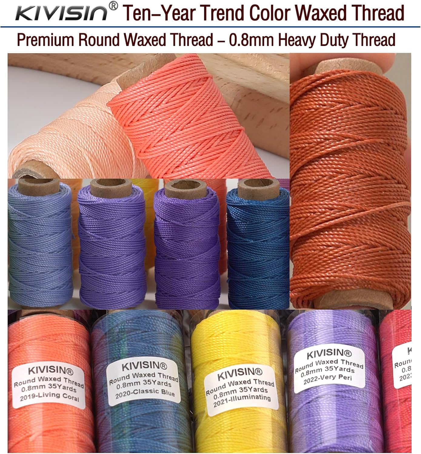 KIVISIN Trendy Color Waxed Thread 0.8mm, Heavy Duty Wax Polyester Cord 32 Yards String Spools Wax Coating for Bracelets Braiding, Micro Knotting, Sewing, Stitching, Book Binding, Micro Macrame Making