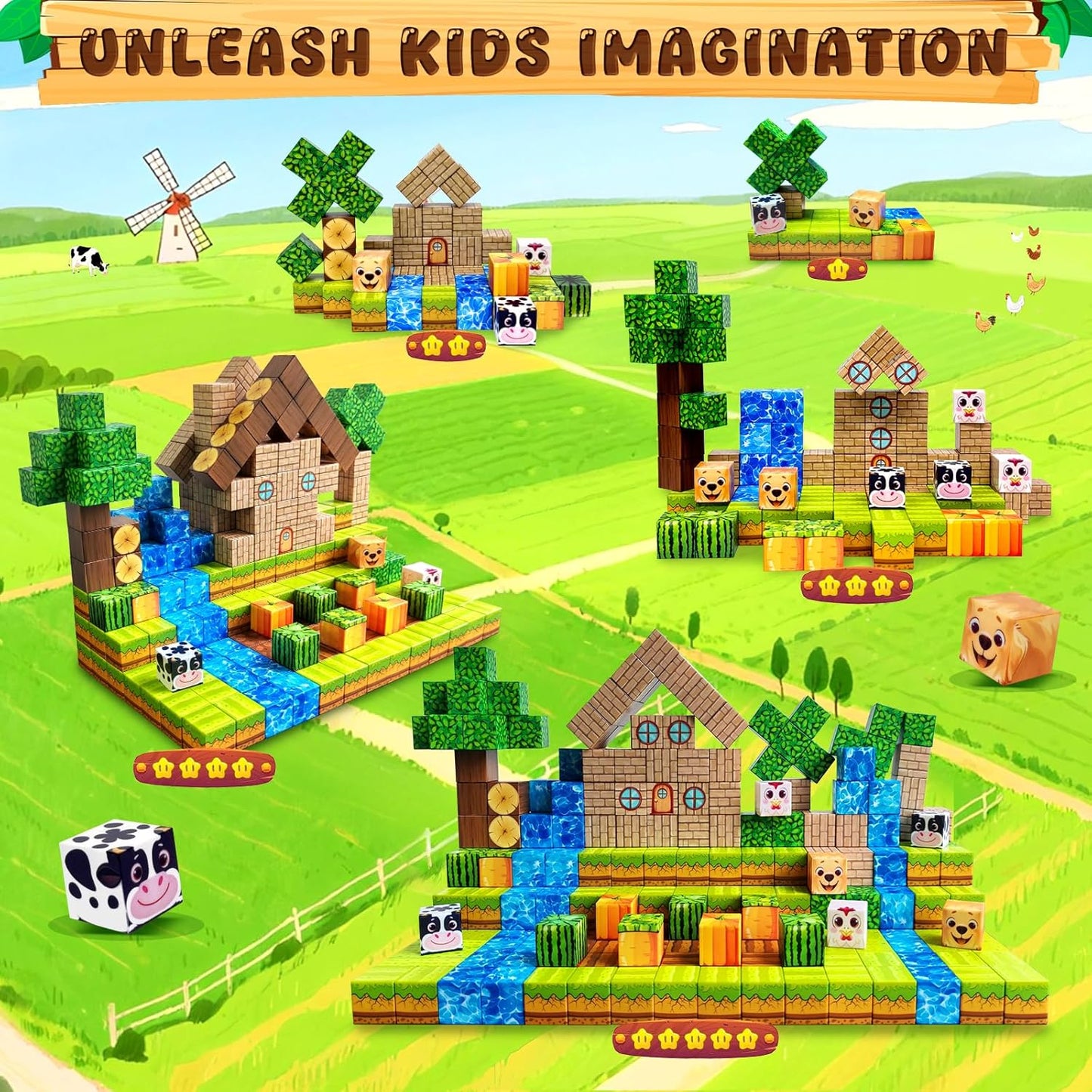 Magnetic Blocks Building Toys for Kids: Magnetic Blocks for Kids Ages 3-4, 8-12, 1" Magnet Cubes STEM Toys for Boys & Girls,Christmas Birthday Gifts for Toddler Ages 3+, 48PCS Blocks Farm Theme