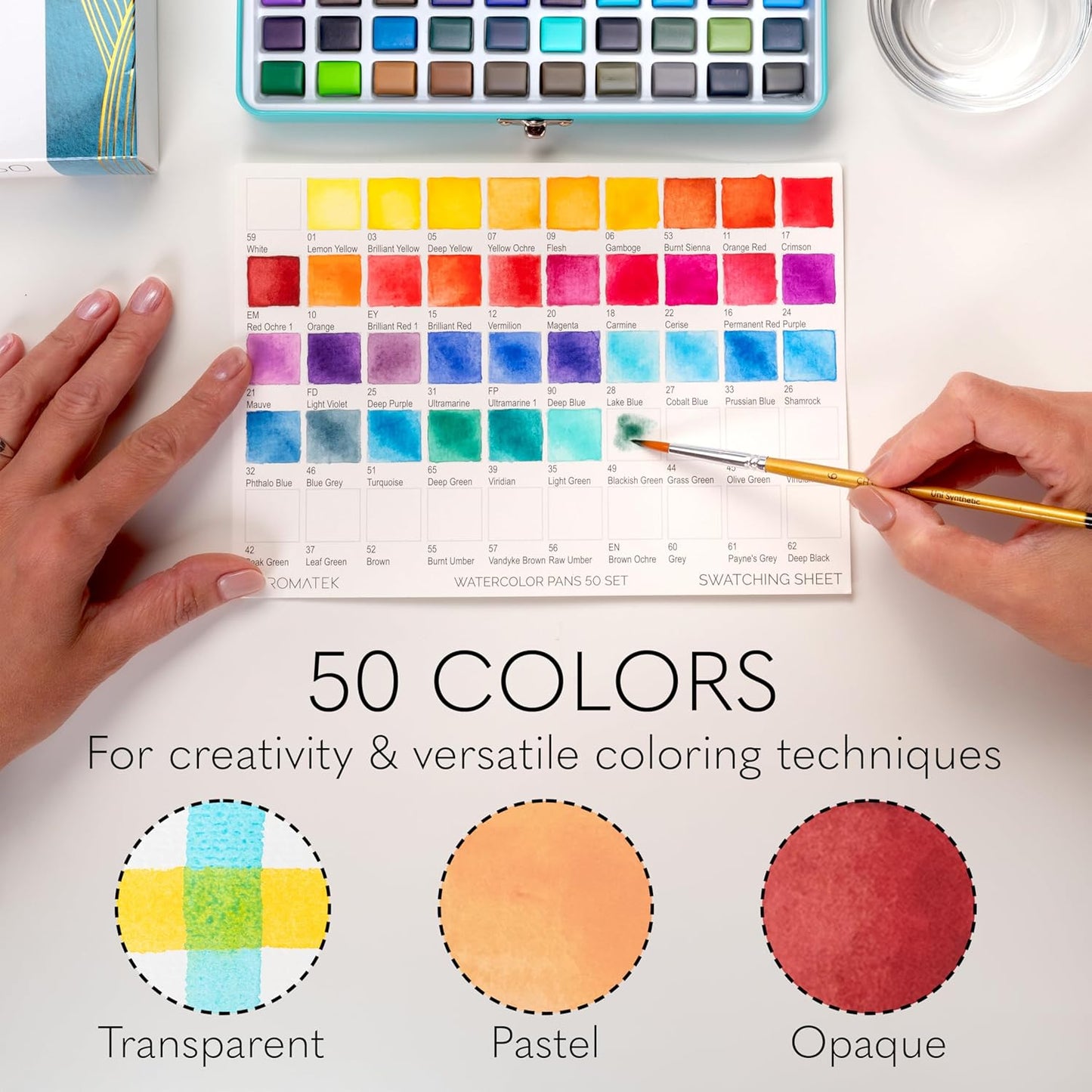 CHROMATEK Watercolor Paint Set ā 50 Vivid Colors Including Transparent, Opaque & Pastel ā Art Kit with Brush, Water Pen, Palette, Color Chart, Swatch Sheets, Pad & Metal Travel Case