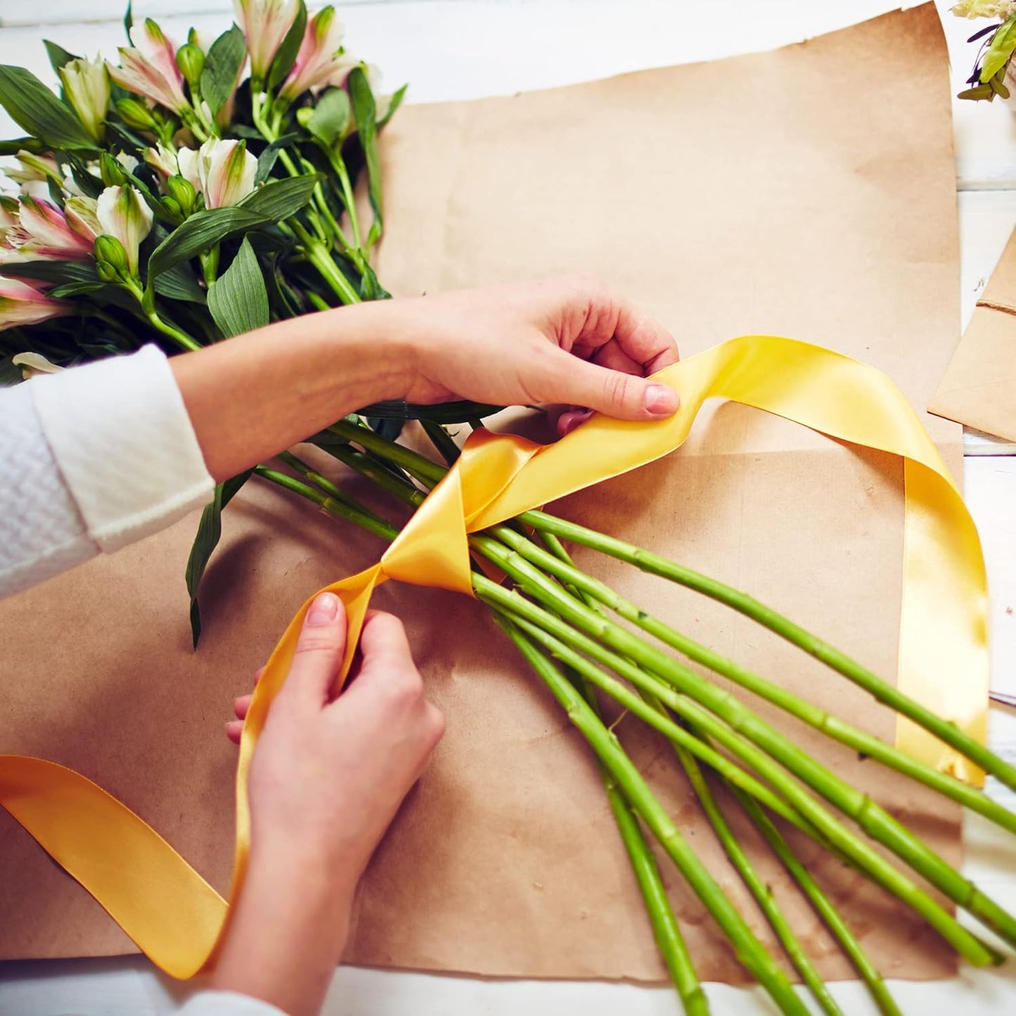 LIUYAXI Yellow Stain Ribbon, 5/8" X Continuous 50 Yards, Double Faced Fabric Ribbon Perfect for Gift Wrapping Wedding Birthday Party Christmas Hair Floral Craft Baby Shower