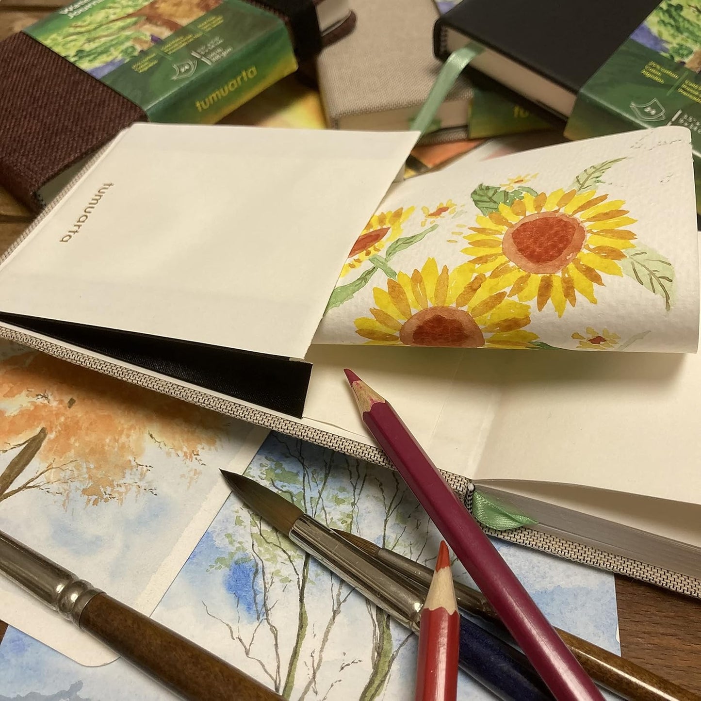 tumuarta Square Watercolor Journal, 5.5x5.5”, 140 LB, 300 GSM, Cotton Paper, Cold Press, 24 Sheets, 48 Pages, Watercolor Paper SketchBooks for Use As Mix Media Pad On The Go