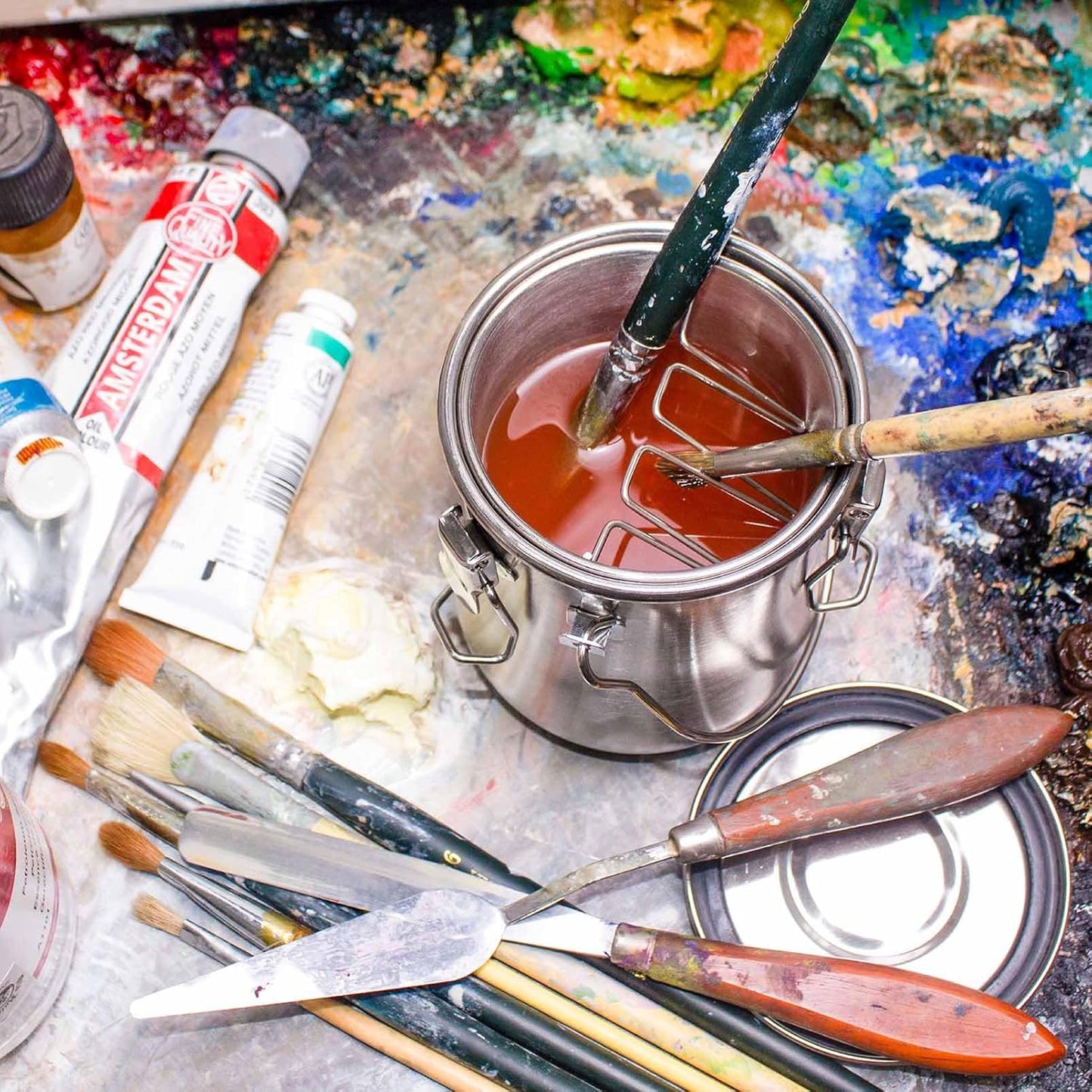 Paint Brush Washer,Airtight Stainless Steel Brush Cleaner for Oil Painting Acrylic,Brush Washer with Cleaning Beads and Wringer