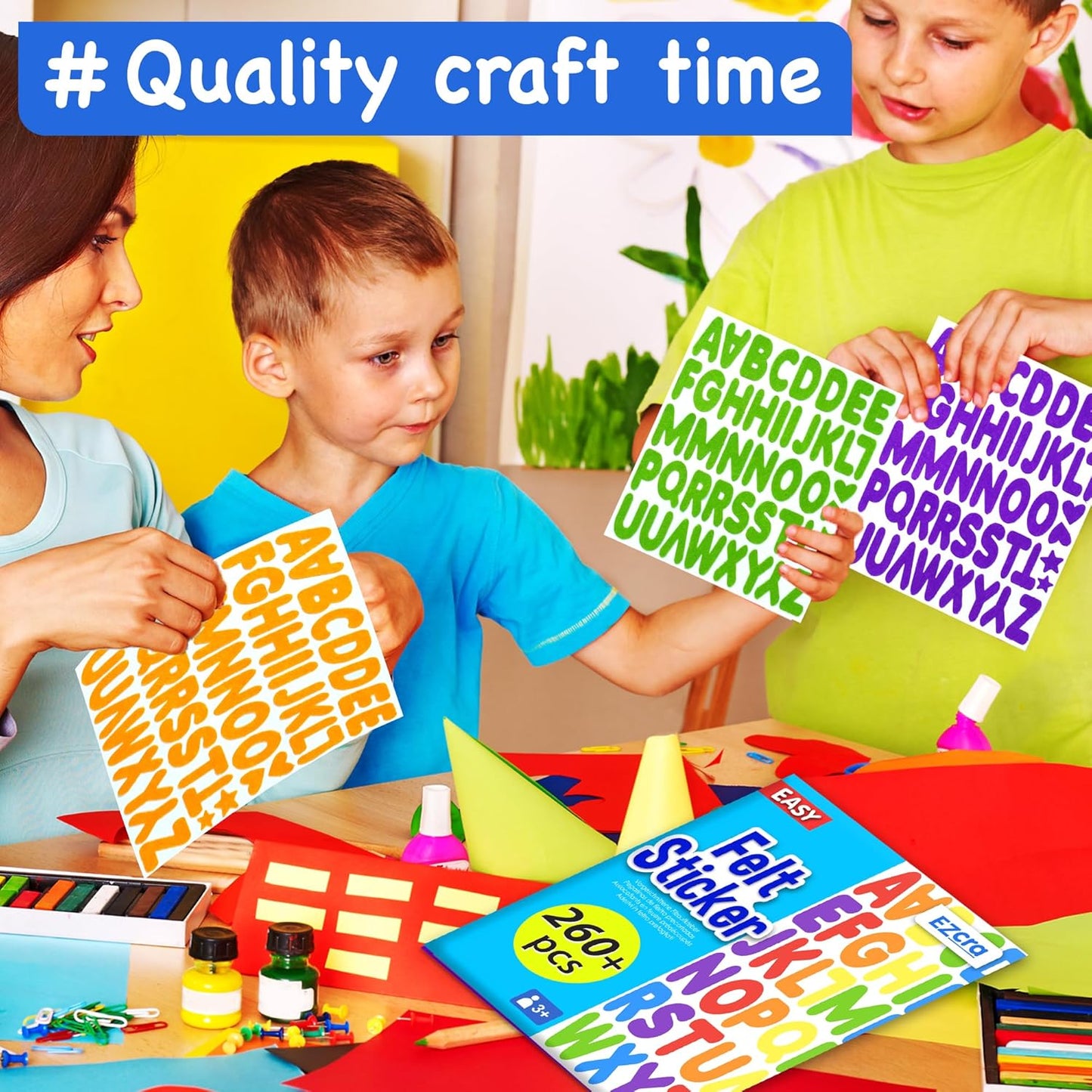 EZCRA Felt Alphabet Stickers, Large Self-Adhesive A-Z Puffy Letters for Kids Ages 3-5 – Classroom, Preschool, Homeschool DIY, Scrapbooking, 260+ Pieces