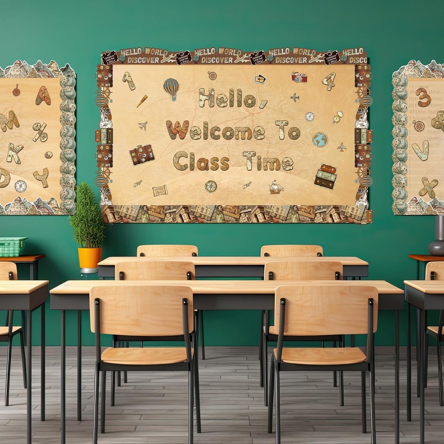 221 Pcs Bulletin Board Letters Round Alphabet Number Punctuation Symbol Combo Letter Cutouts Classroom Decoration for School Classroom Chalkboard Poster Board(World Map Round)