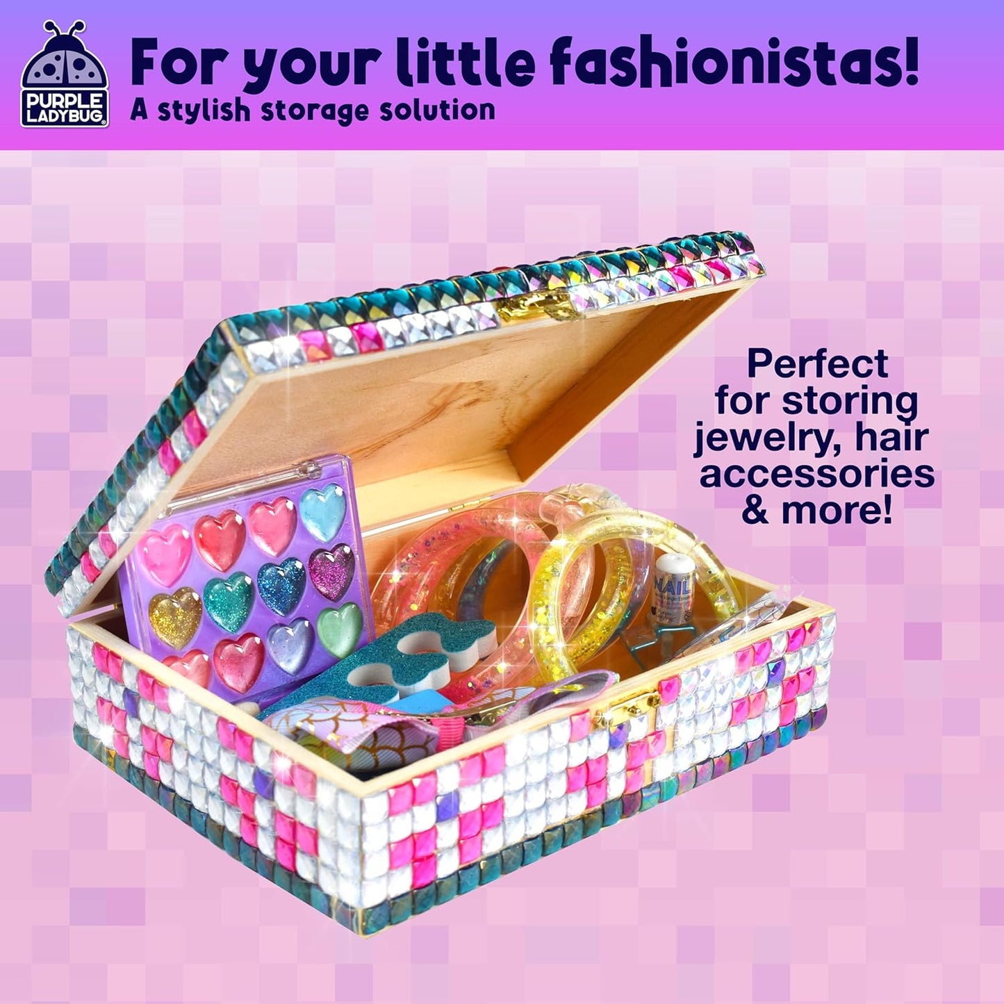 PURPLE LADYBUG Sparkly DIY Wooden Jewelry Box Craft for Girls 8-12 with 1500+ Non-Toxic Gems - Christmas & Birthday Gift for 4 5 6 7 8 9 10 11 12 Girl, Girls Toys 8-10 - Mosaic Mermaid Unicorn Design