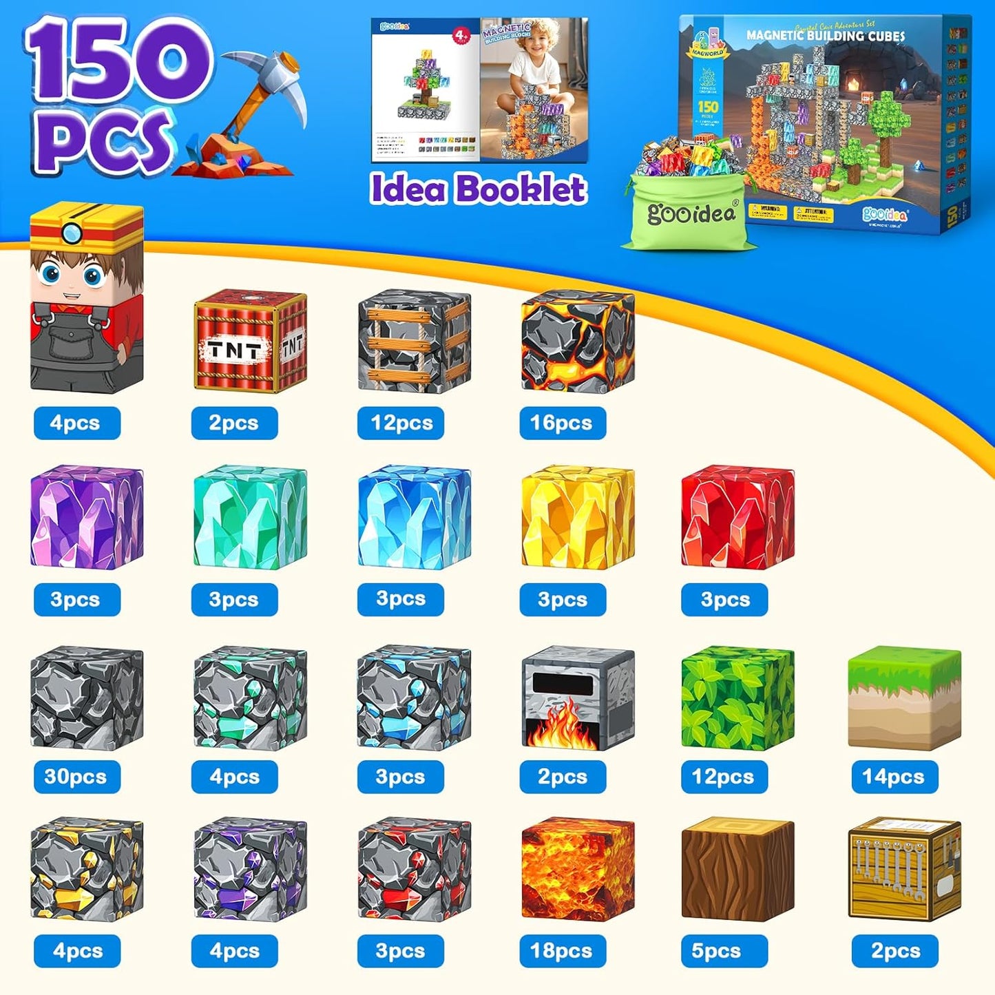 Magnetic Blocks -150 Magnetic Building Blocks STEM Toy, Stacking Mine Magnet World Craft Cubes for Kids, Game Gift for Boys Girls Age 3-5 5-7 4-8 8-12