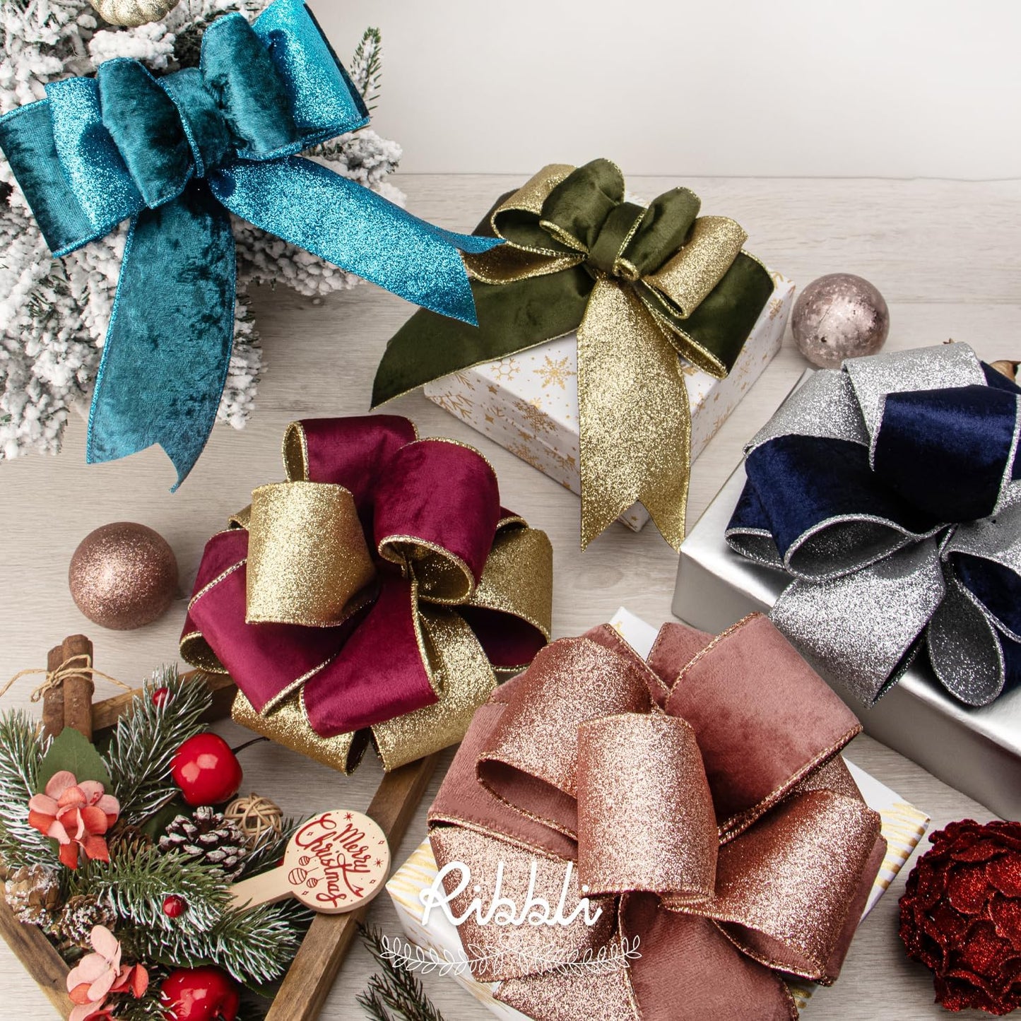 Ribbli Navy Velvet Wired Ribbon 2.5 Inch Navy Velvet with Silver Glitter Christmas Ribbon for Christmas Tree Decoration Big Bow Gift Wrapping Crafts Wreaths Supplies- 10 Yards