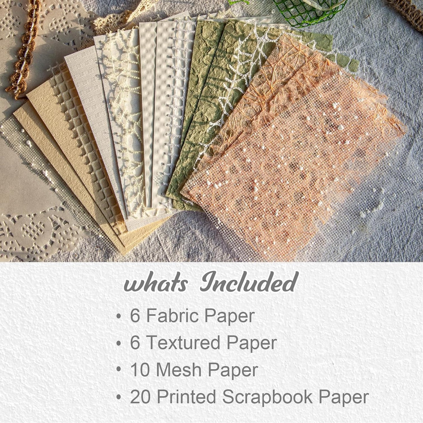 42 Sheets Textured Scrapbook Paper and Mesh Fabric Assorted Set, Junk Journal Supplies Assorted Set, Special Paper for Scrapbooking Materials Card Embellishments 3.9x5.5 Inch (Mix Color)