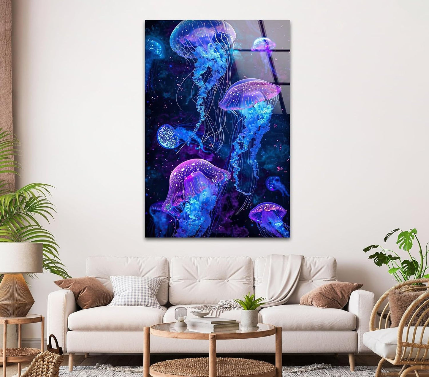 My Photostation.com 24Wx30H'' Glowing Jellyfish Glass Wall Art Tempered Glass Printing Wall Decor Large Wall Art Wall Hangings