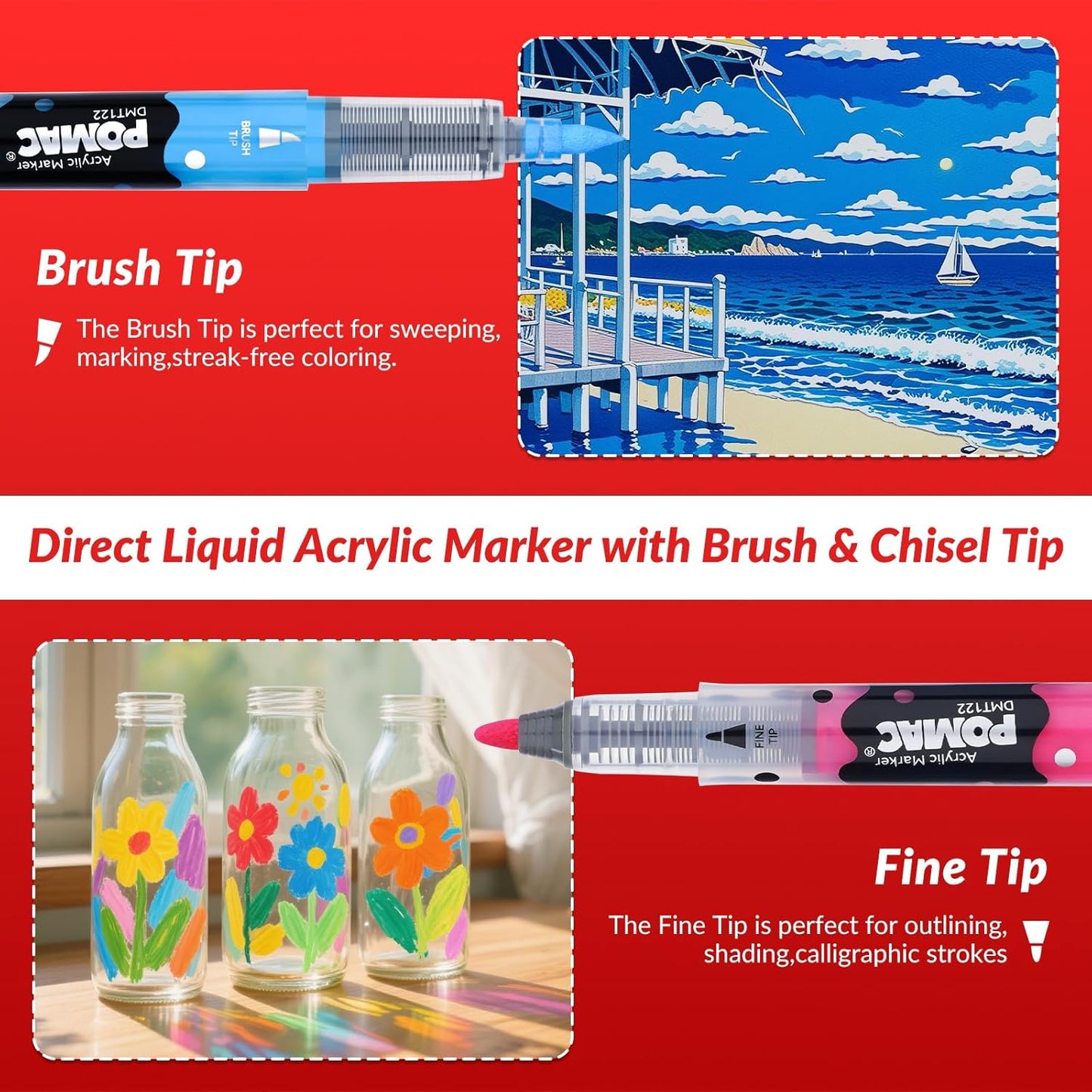 POMAC Dual Tip Acrylic Paint Markers Pens 48 Assorted Colors, Direct Liquid Acrylic Marker with Brush & Fine Tip, Water-Based Paint Marker for Fabric, Canvas, Rock, Glass, Wood, Crafts, Art Supplies