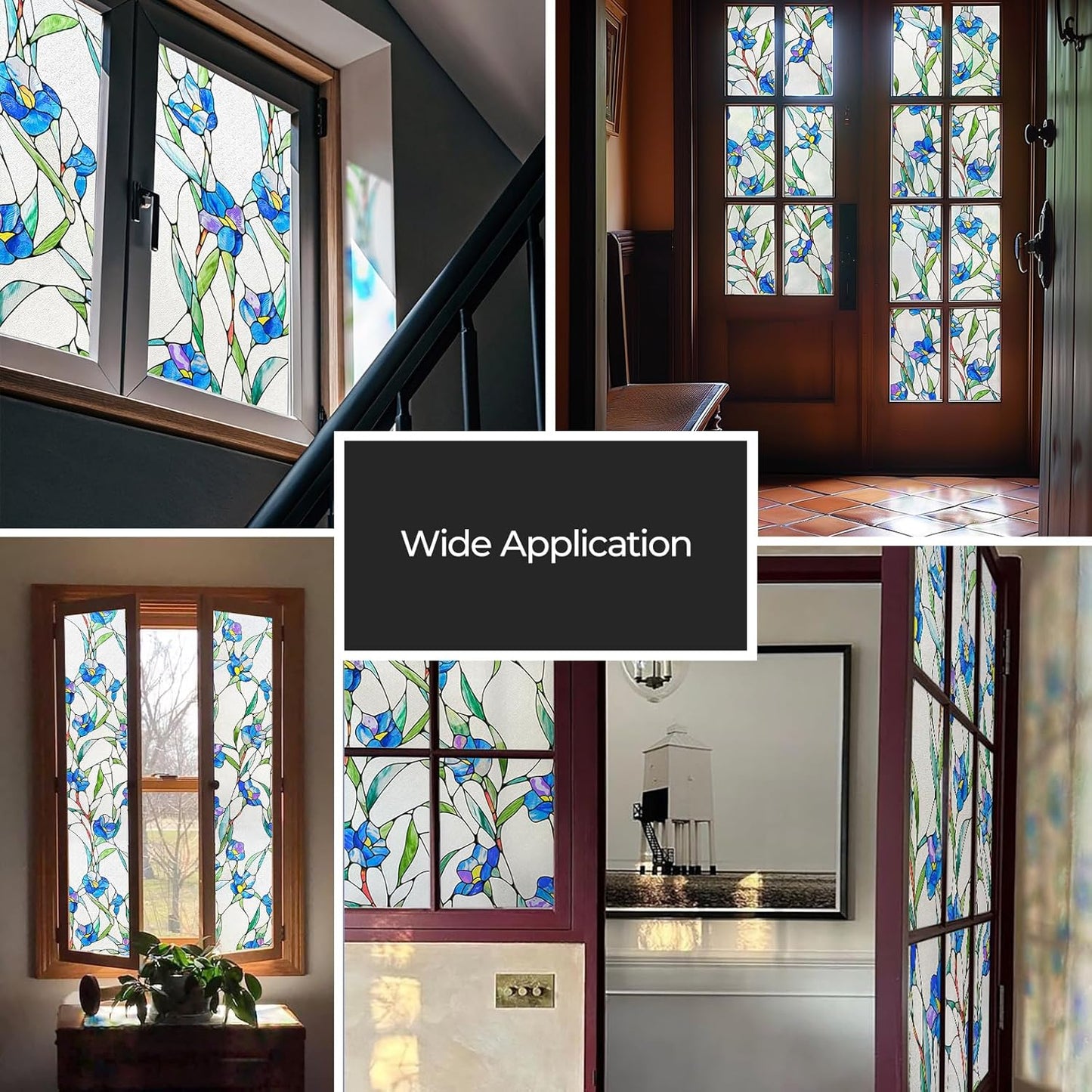 3D Stained Glass Window Film, Decorative Window Privacy Film for Bathroom,Front Door,Home, Sun Blocking Heat Control,Static Cling, Blue Eustoma 23.6inch x 35.4inch