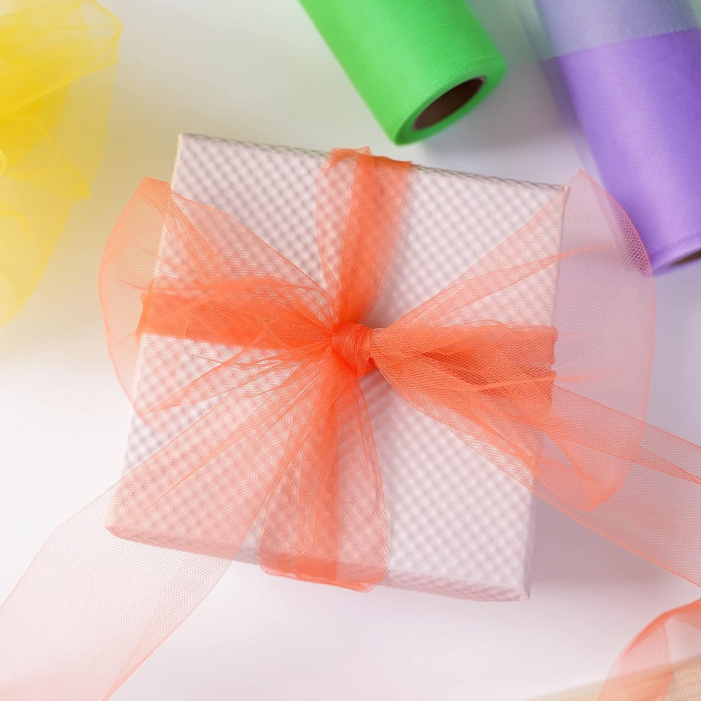 MEEDEE Rainbow Tulle Ribbon 6 Colors Roll Tulle Fabric Rainbow Spool Ribbon for Tutus Wedding Decorations Party Decorations Gift Wrapping Skirt Dress (6 inch by 25 Yards/Roll)