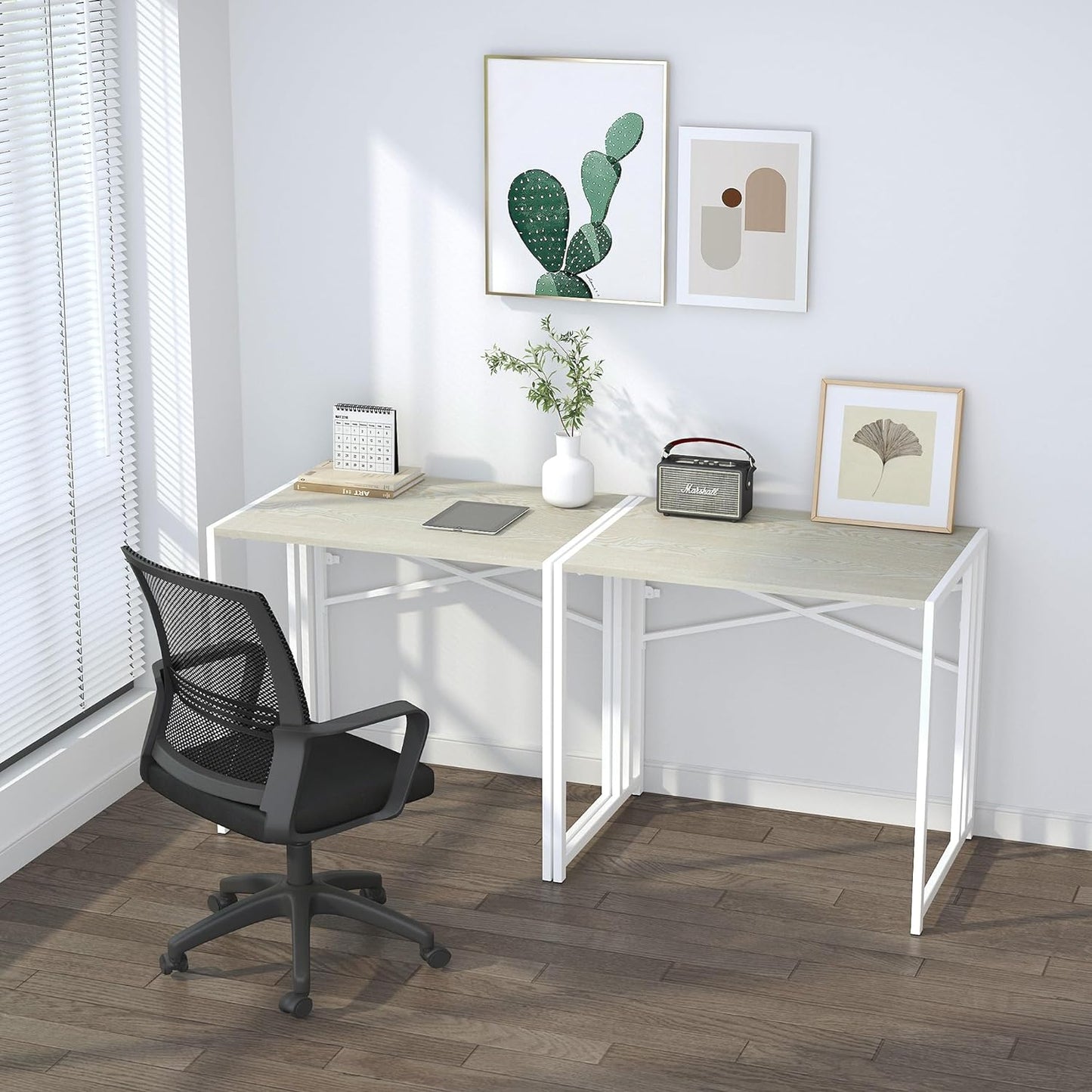 32 inch Small Folding Desk, Writing Gaming Computer Camping Desk for Small Spaces, No Assembly Required Home Office Desk, Natural and White