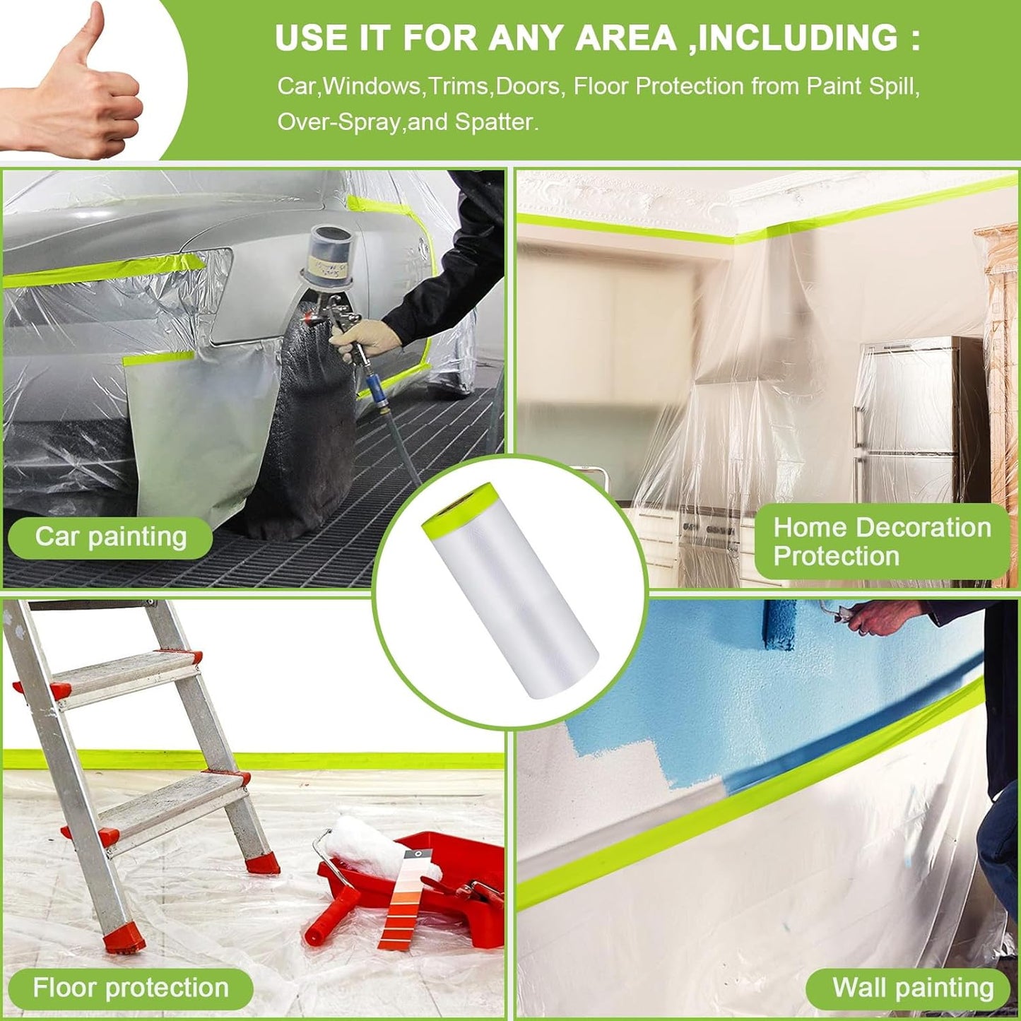 Pre-Taped Masking Film-55inx65ft Tape and Drape Painters Paper Rolls, Plastic Painting Film for Automotive Painting Covering (Masking Film:3rolls,Tape:2rolls)