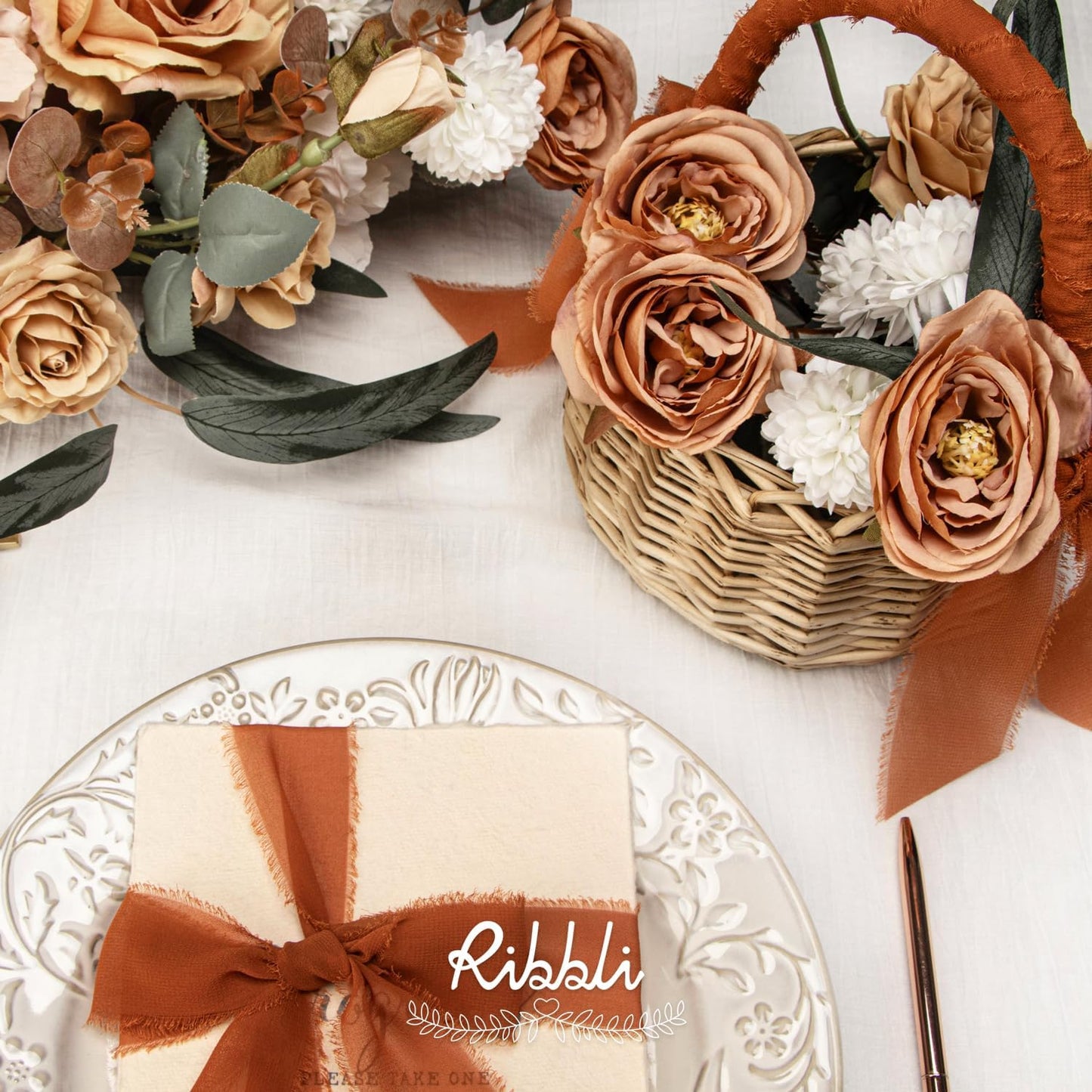 Ribbli Terracotta Chiffon Ribbon 1-1/2 inch x 20 Yard Handmade Fringe Chiffon Silk Ribbon,Black Ribbon for Wedding Invitations, Bridal Bouquets Wrapping, Flower Arrangement Decoration