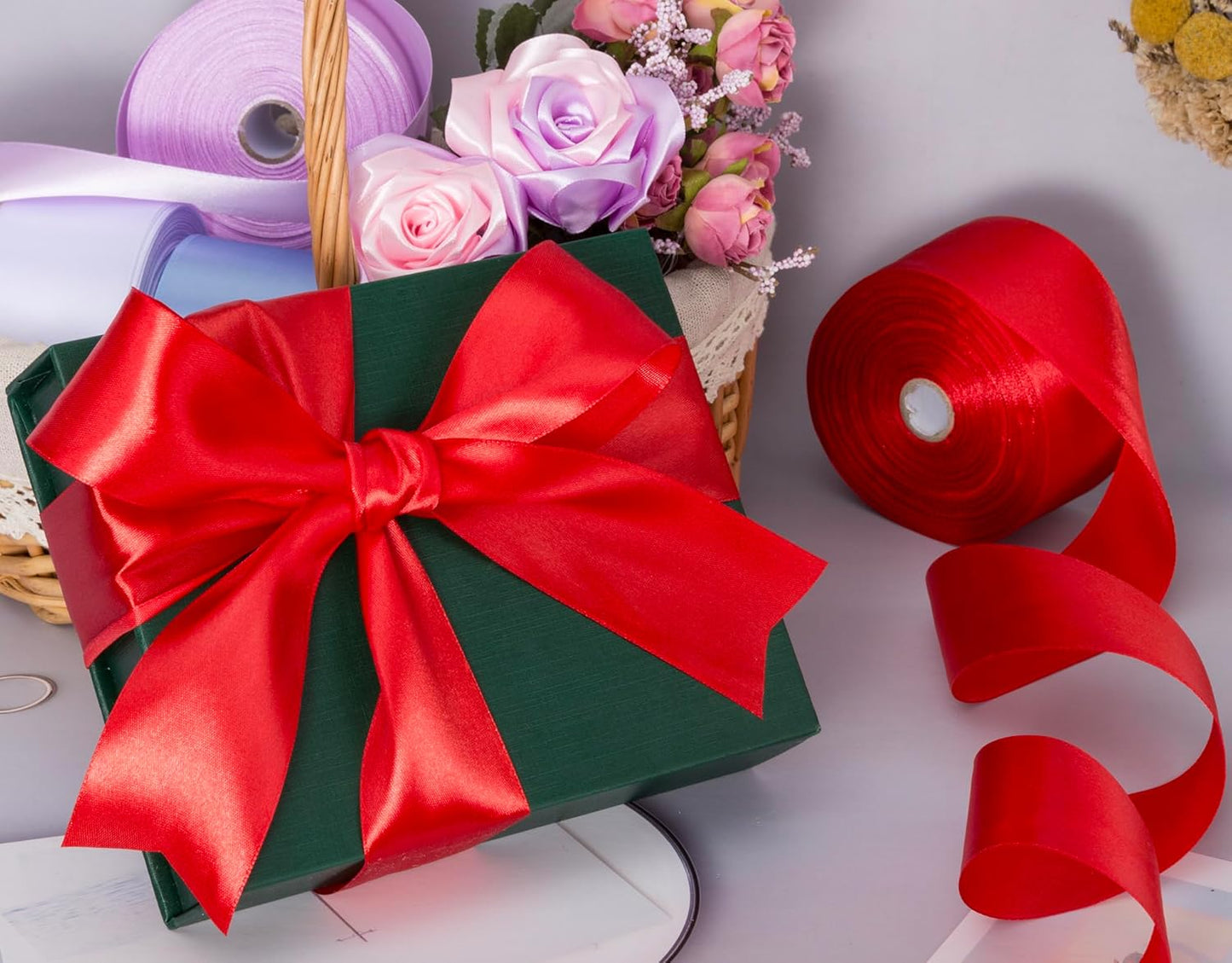 2 Inch Red Solid Satin Ribbon, 50 Yards Craft Fabric Ribbon for Gift Wrapping Floral Bouquets Wedding Party Decoration