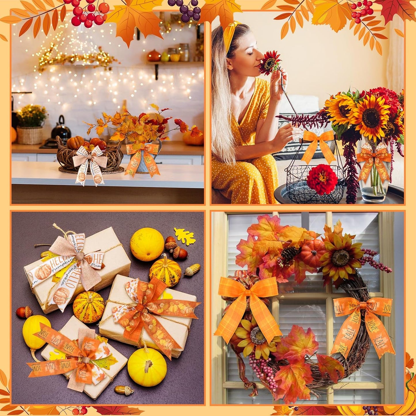 12 Rolls Fall Wired Edge Ribbon for Wreaths 2 Inch x 60 Yards Maple Leaves Pumpkin Burlap Ribbon Thanksgiving Plaid Crafts for Autumn Harvest Party Decoration Supplies, 12 Styles