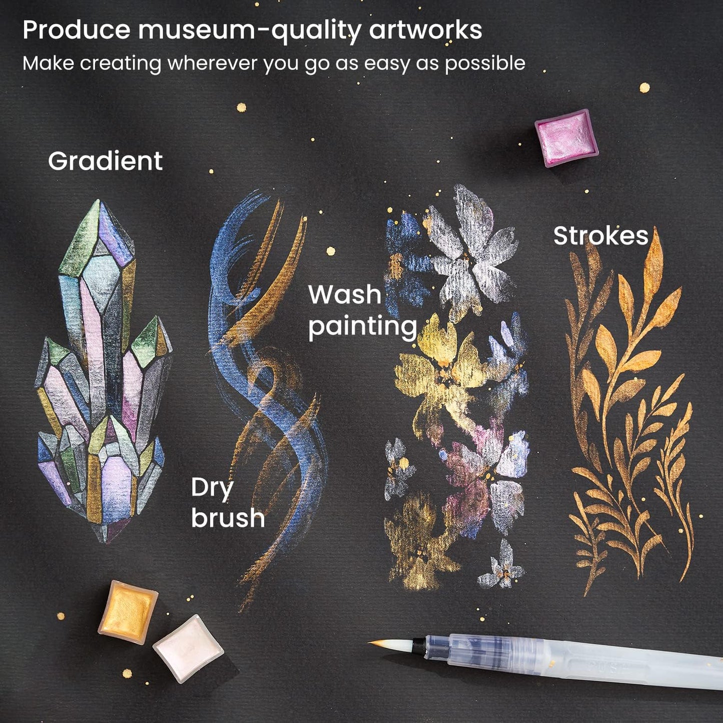 ARTEZA Watercolor Paint Set, 24 Metallic Watercolor Paints, Glitter Watercolor Paint in Half Pans, Travel Watercolor Set